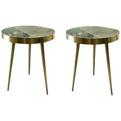 Pair of Italian Midcentury Brass and Emerald Marble Side Tables