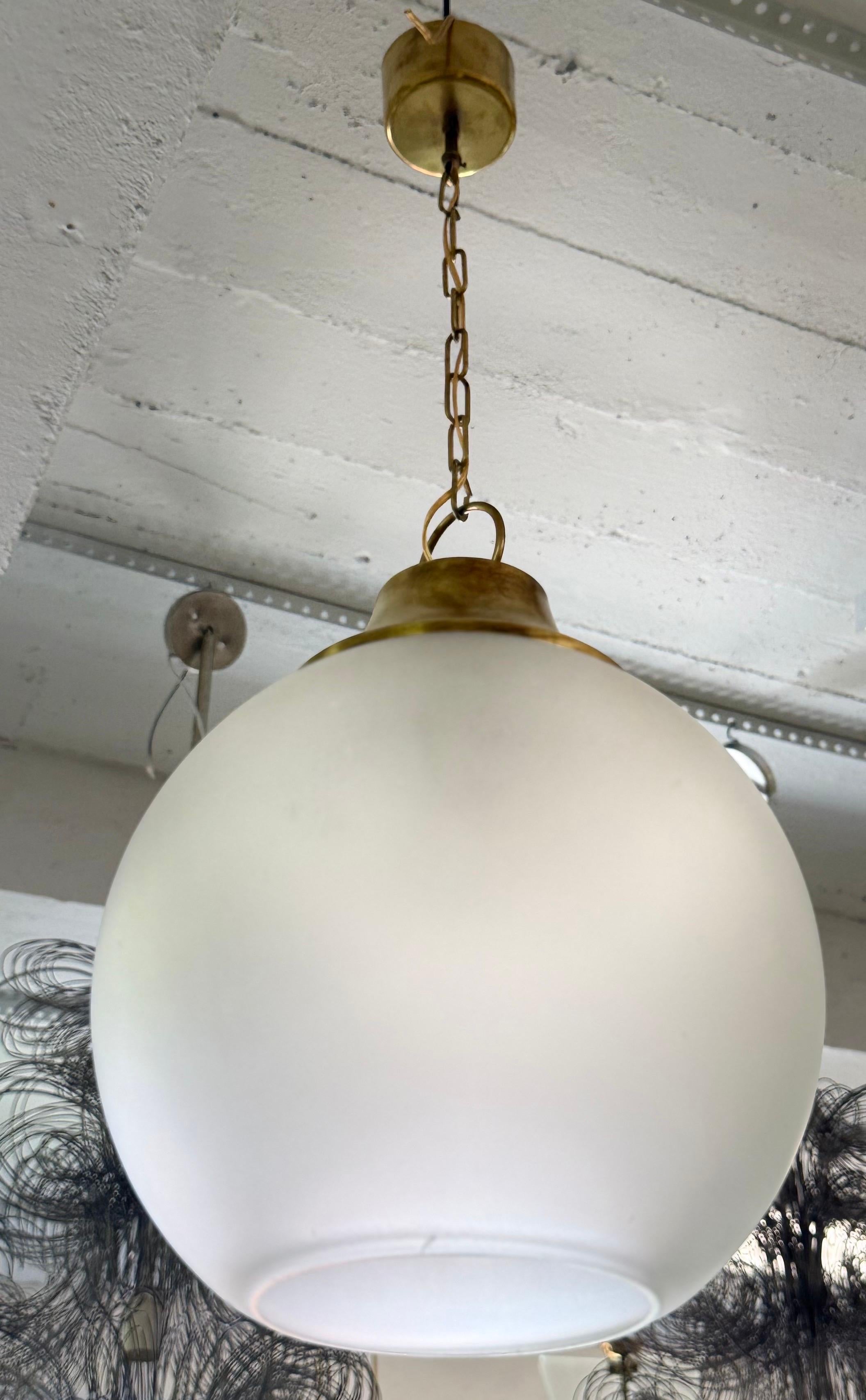 Pair of Italian Midcentury Brass & Satin Glass Ball Pendants by Caccia Dominioni For Sale 1