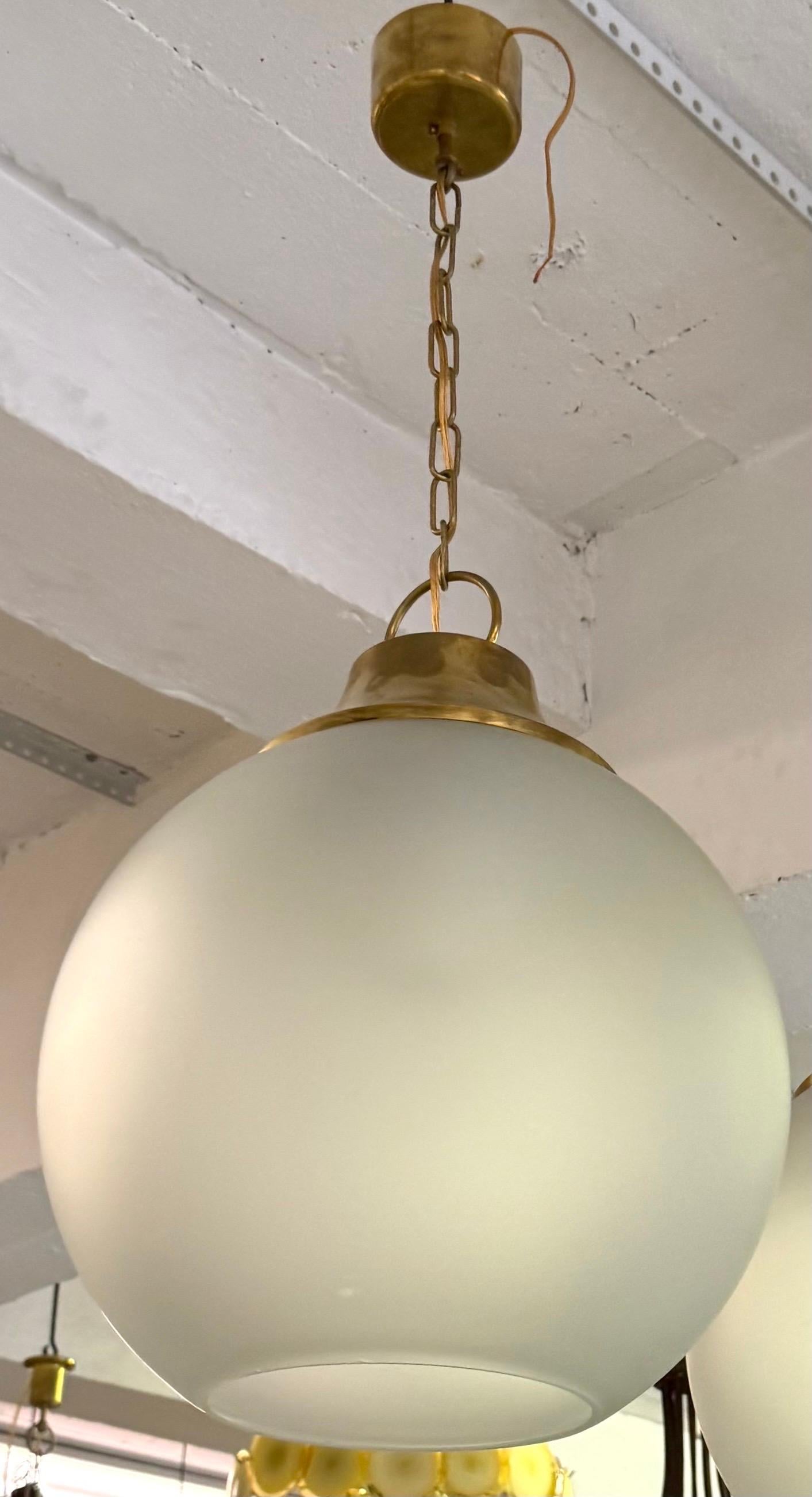 Pair of Italian Midcentury Brass & Satin Glass Ball Pendants by Caccia Dominioni For Sale 2
