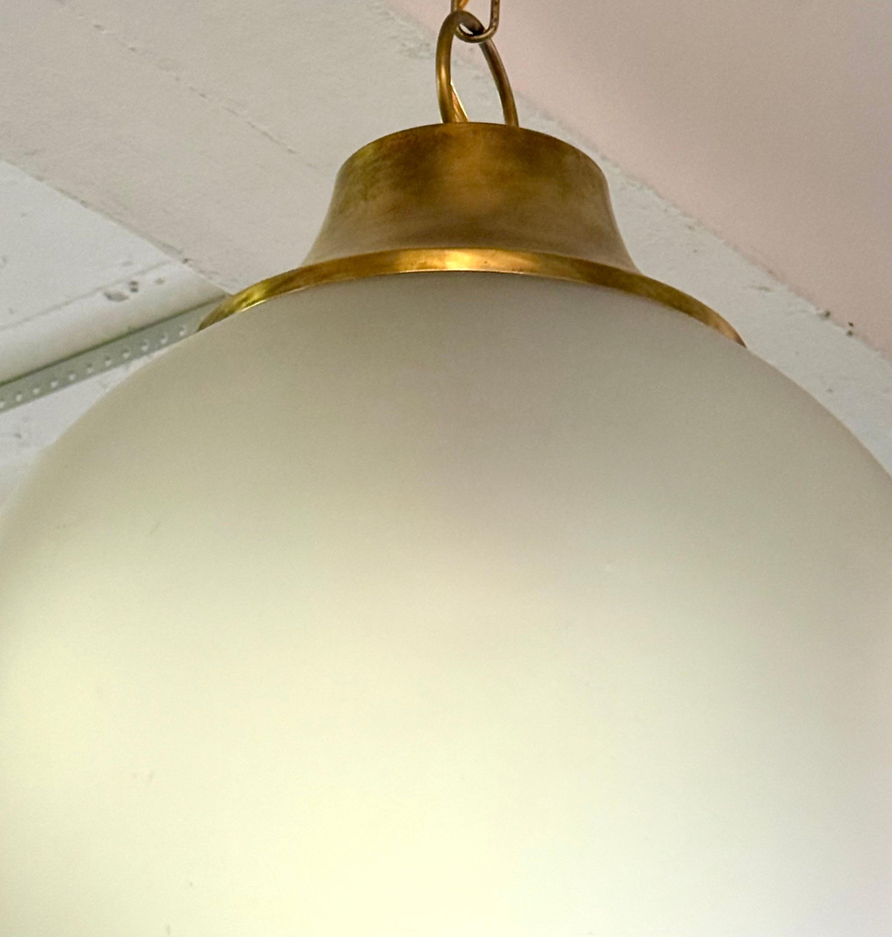 Pair of Italian Midcentury Brass & Satin Glass Ball Pendants by Caccia Dominioni For Sale 3