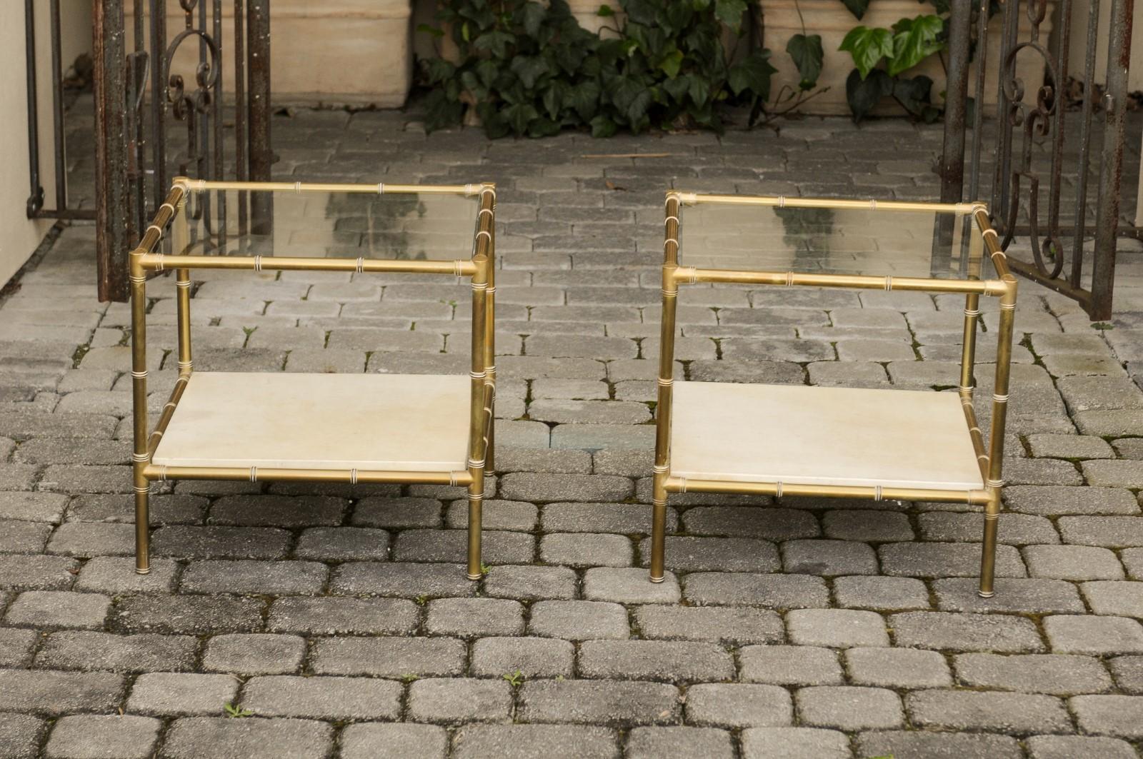 Pair of Italian Midcentury Brass Side Tables with Glass Top and Vellum Shelf 5