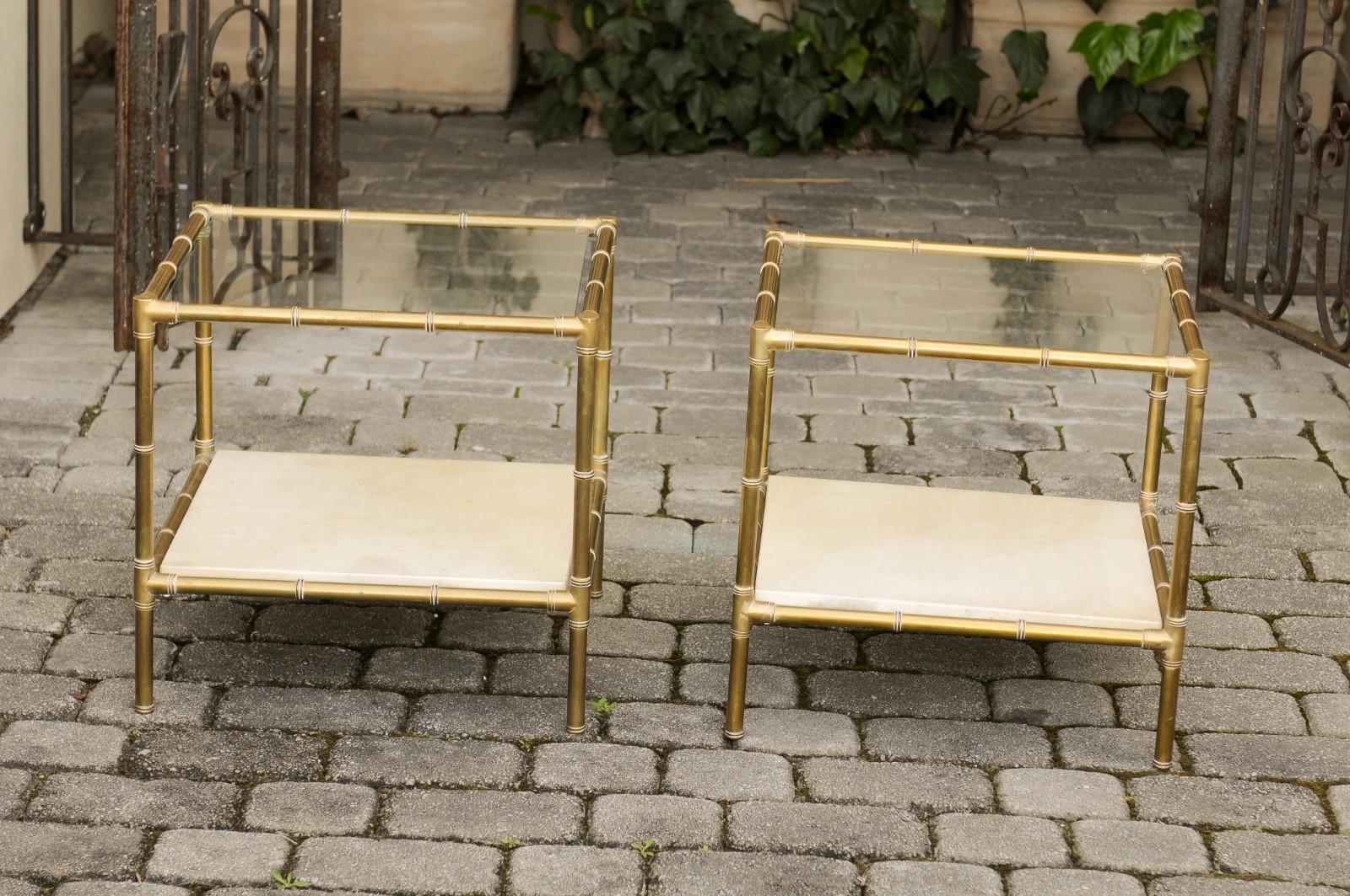 Pair of Italian Midcentury Brass Side Tables with Glass Top and Vellum Shelf 6