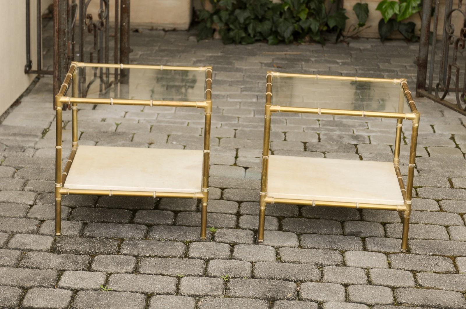 Pair of Italian Midcentury Brass Side Tables with Glass Top and Vellum Shelf 7