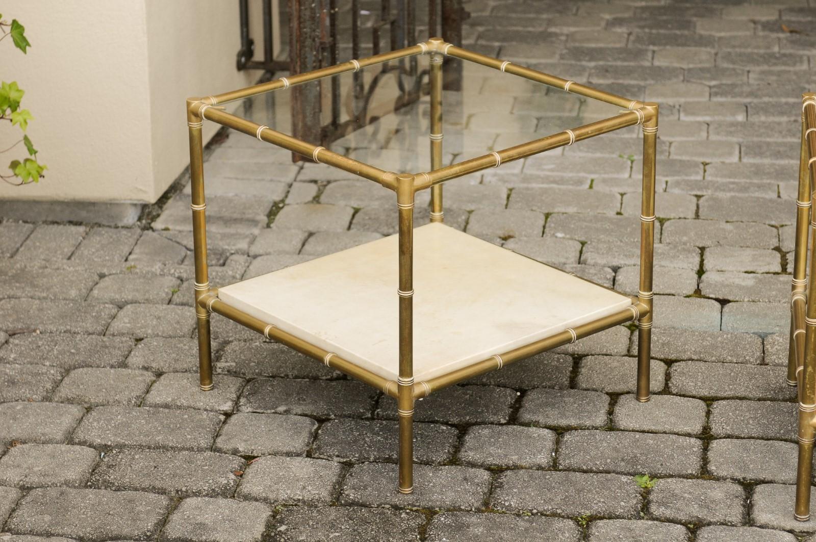 Pair of Italian Midcentury Brass Side Tables with Glass Top and Vellum Shelf In Good Condition In Atlanta, GA