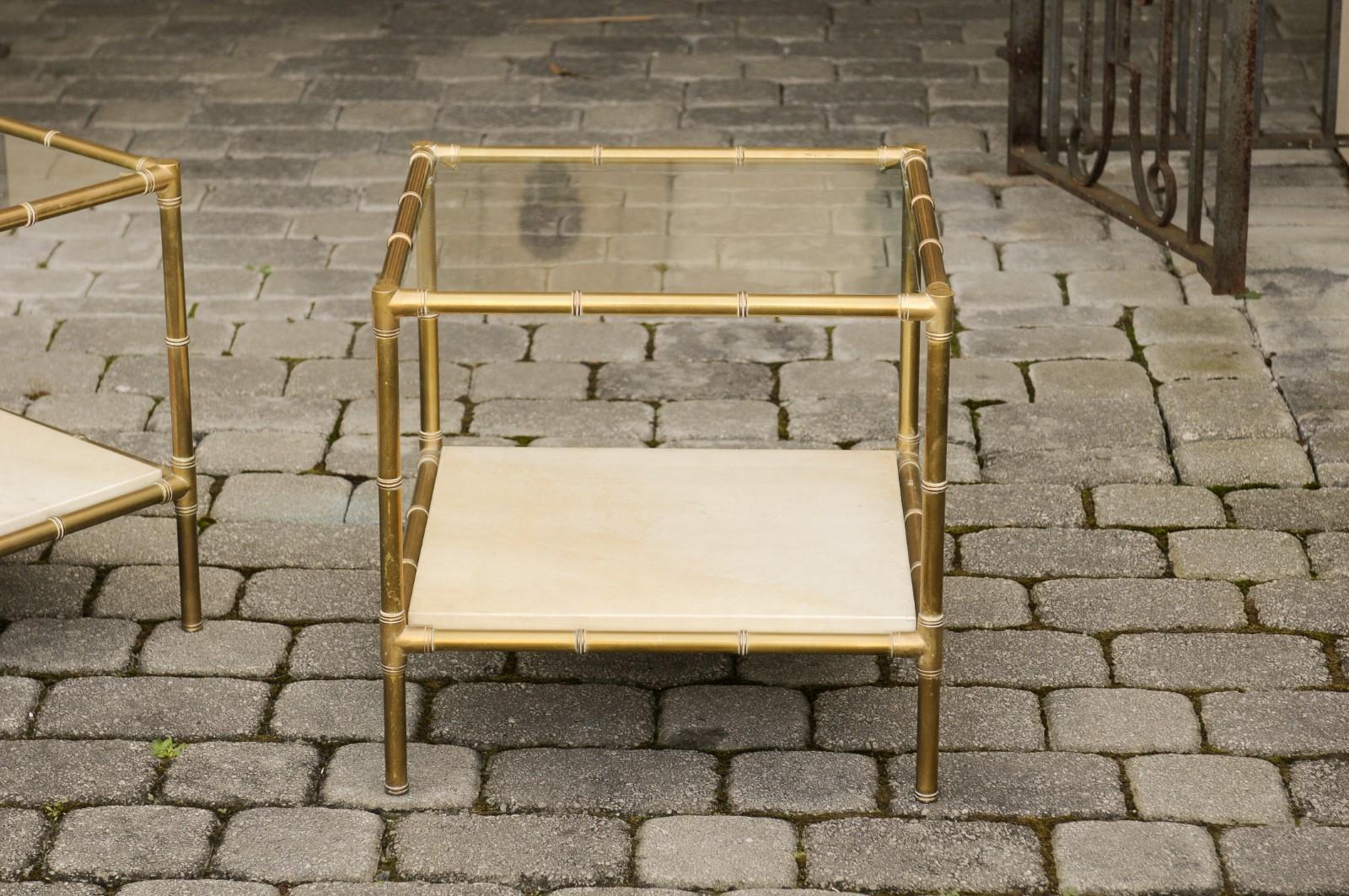 20th Century Pair of Italian Midcentury Brass Side Tables with Glass Top and Vellum Shelf
