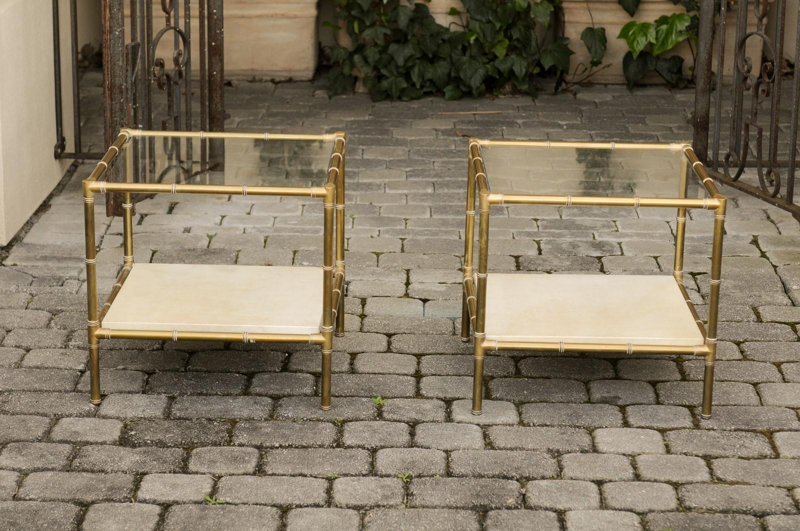 Pair of Italian Midcentury Brass Side Tables with Glass Top and Vellum Shelf 2