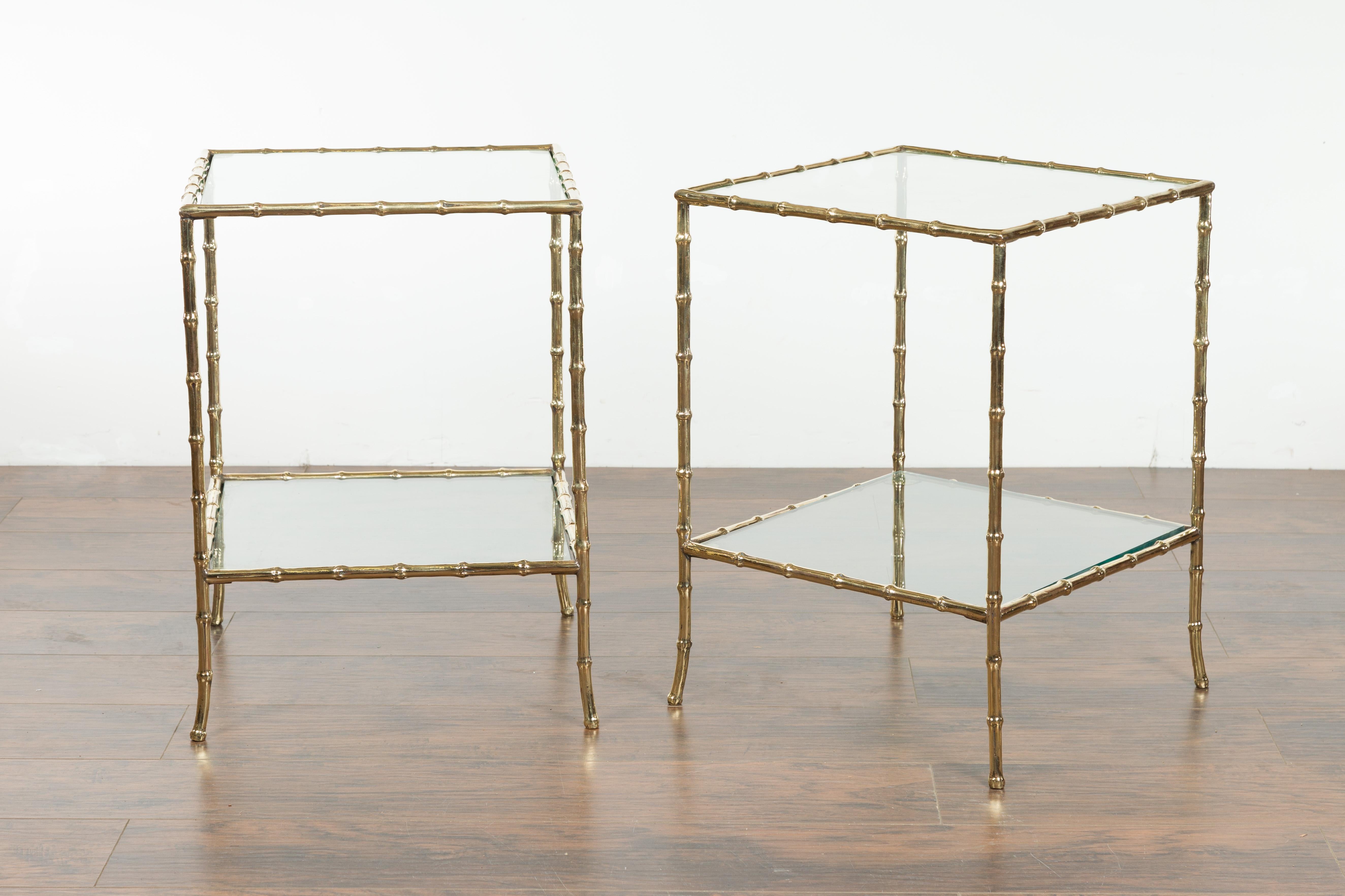 Pair of Italian Midcentury Bronze Faux-Bamboo Tables with Glass Tops and Shelves 7