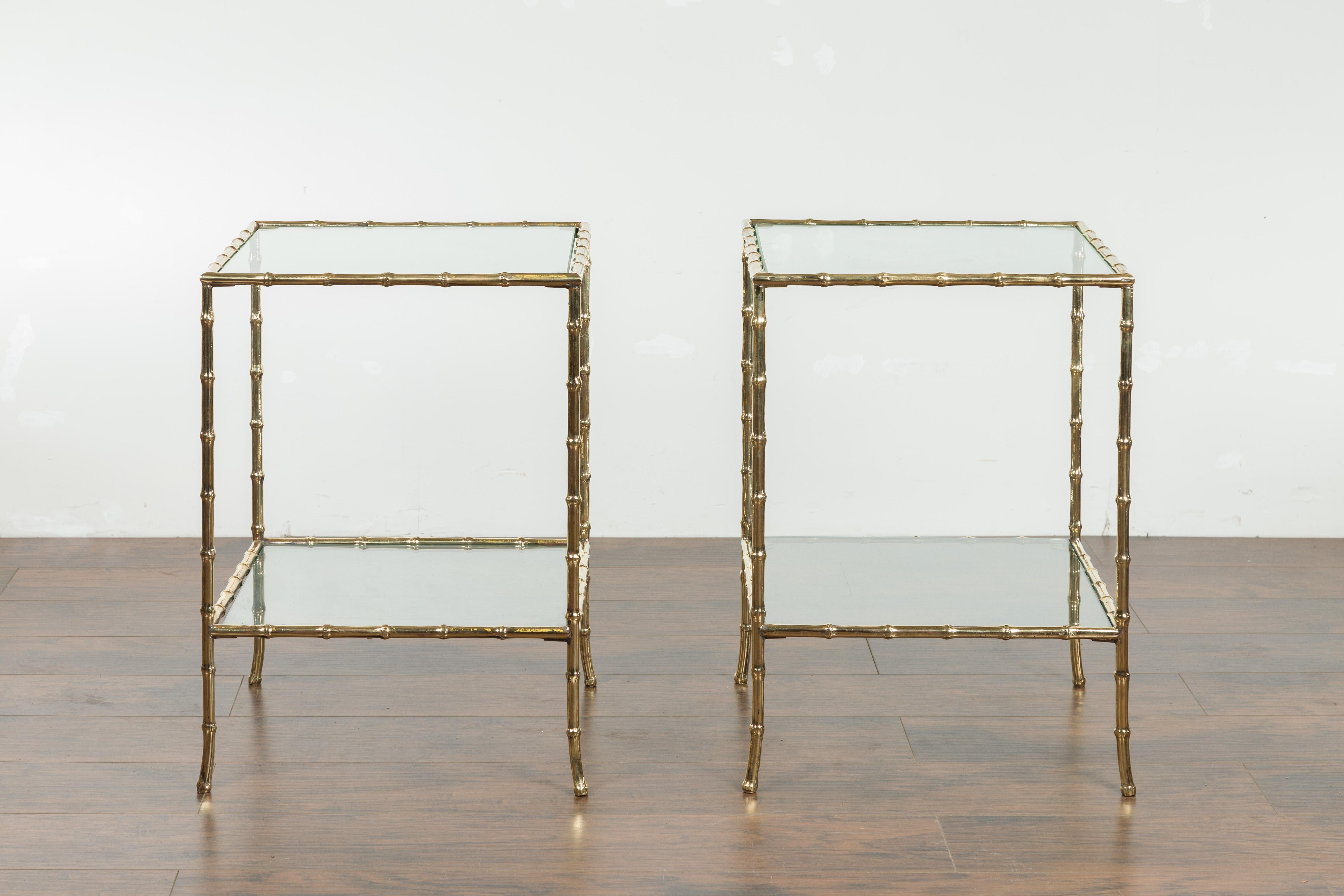 Pair of Italian Midcentury Bronze Faux-Bamboo Tables with Glass Tops and Shelves 8