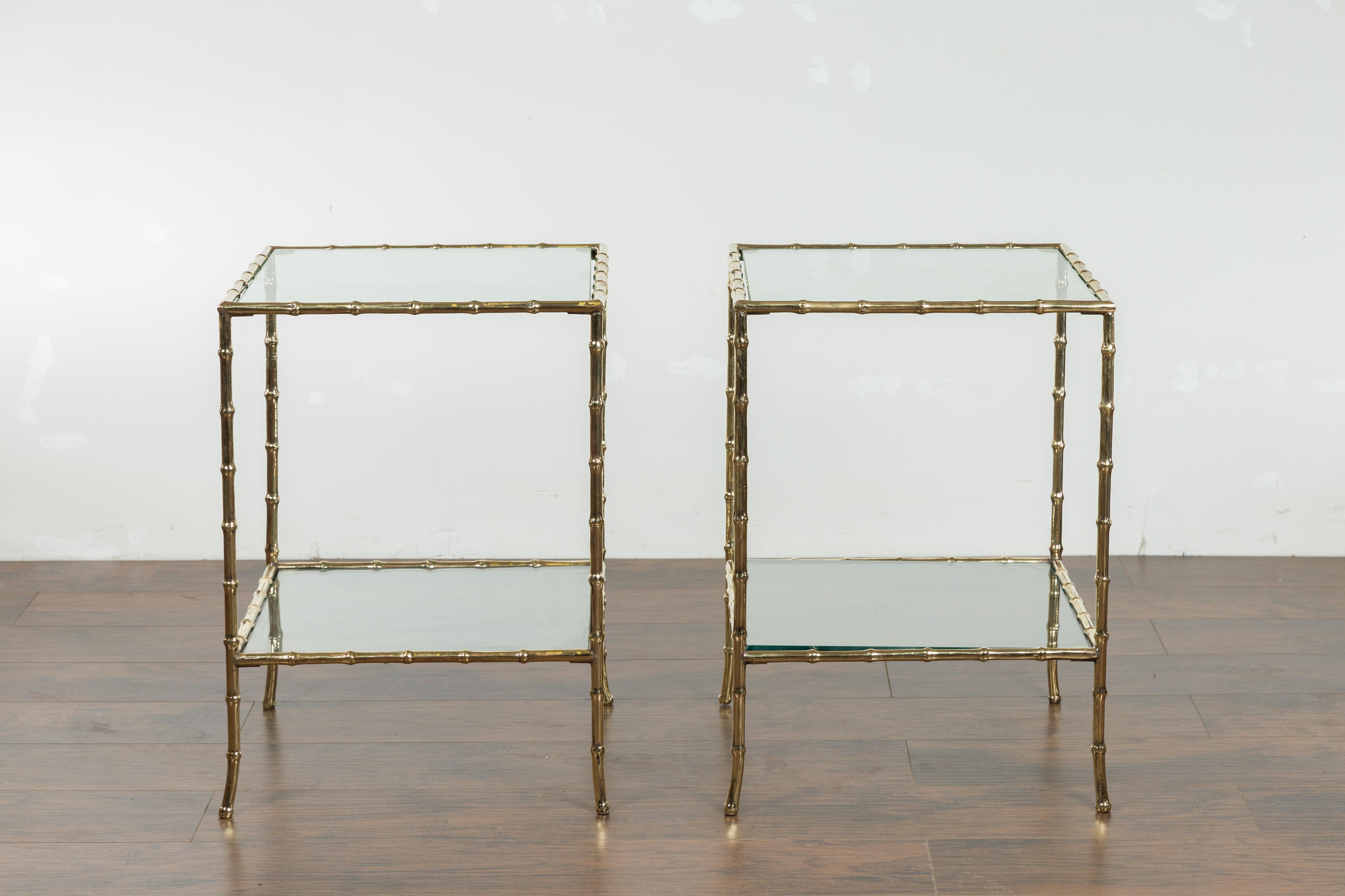 Pair of Italian Midcentury Bronze Faux-Bamboo Tables with Glass Tops and Shelves 9