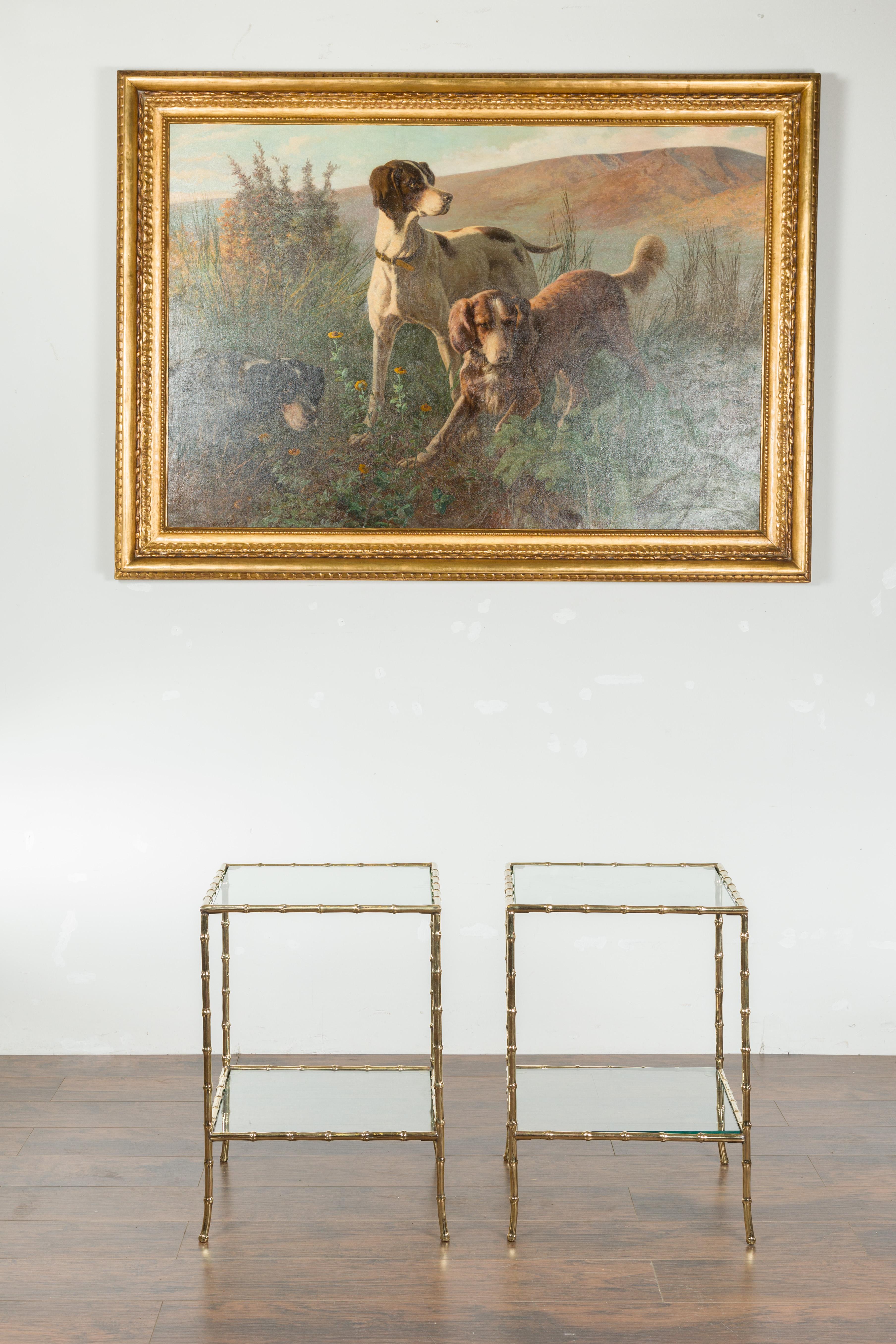 Mid-Century Modern Pair of Italian Midcentury Bronze Faux-Bamboo Tables with Glass Tops and Shelves