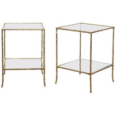 Pair of Italian Midcentury Bronze Faux-Bamboo Tables with Glass Tops and Shelves