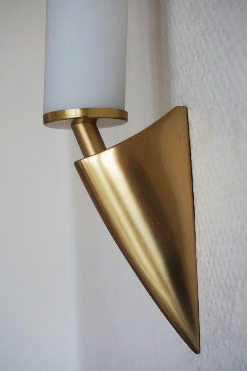 Stained Pair of Italian Midcentury Brushed Brass and Satin Glass Wall Sconces, 1950s For Sale