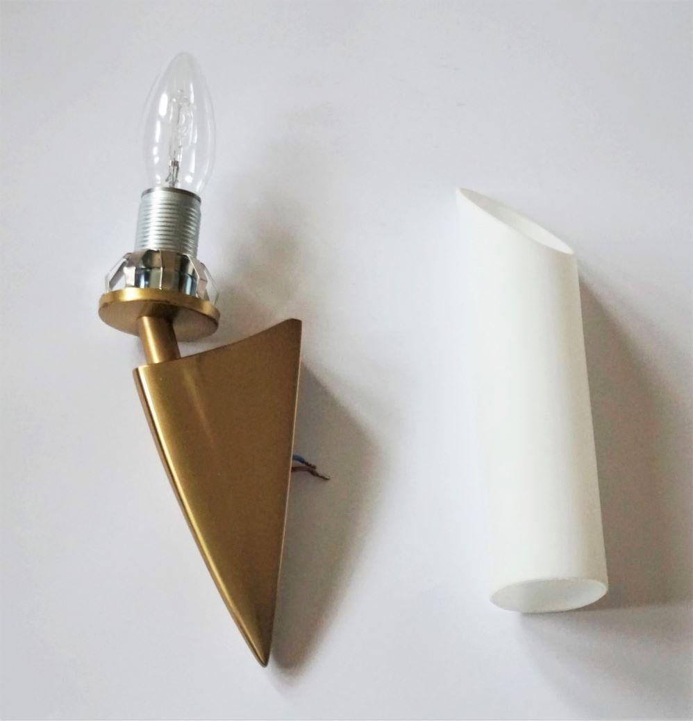 20th Century Pair of Italian Midcentury Brushed Brass and Satin Glass Wall Sconces, 1950s For Sale