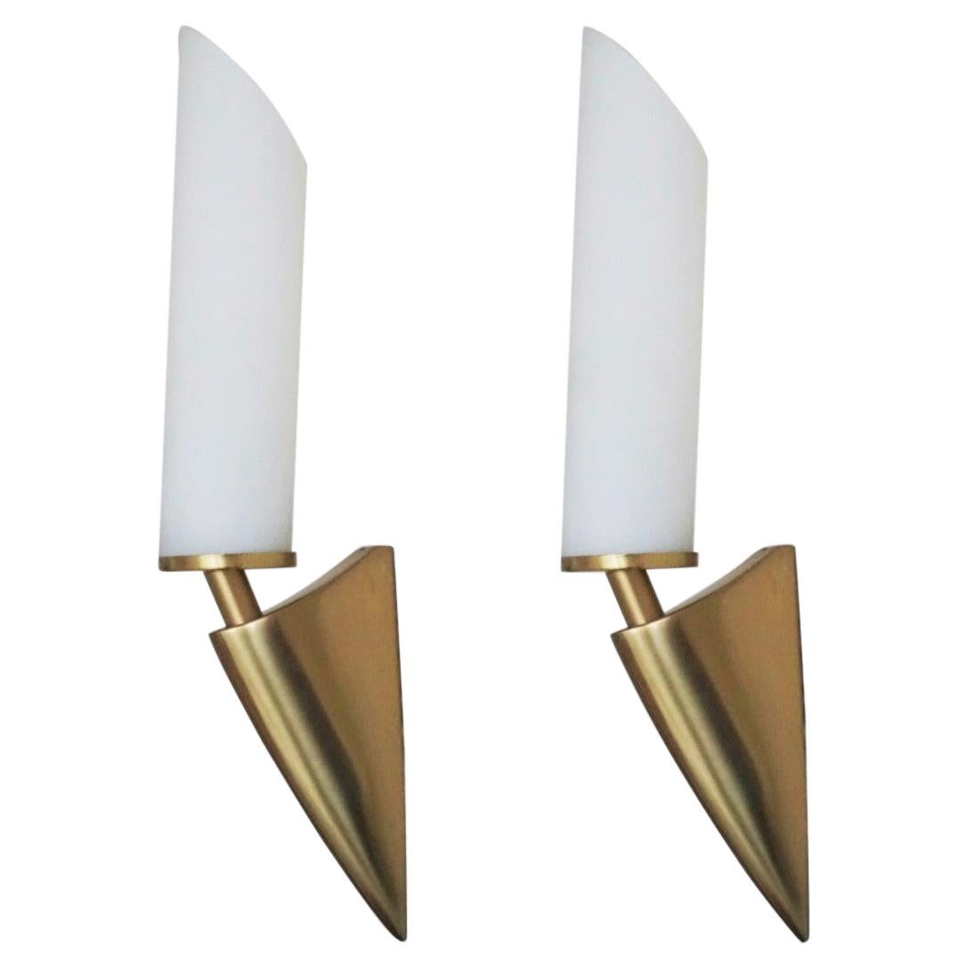 Pair of Italian Midcentury Brushed Brass and Satin Glass Wall Sconces, 1950s