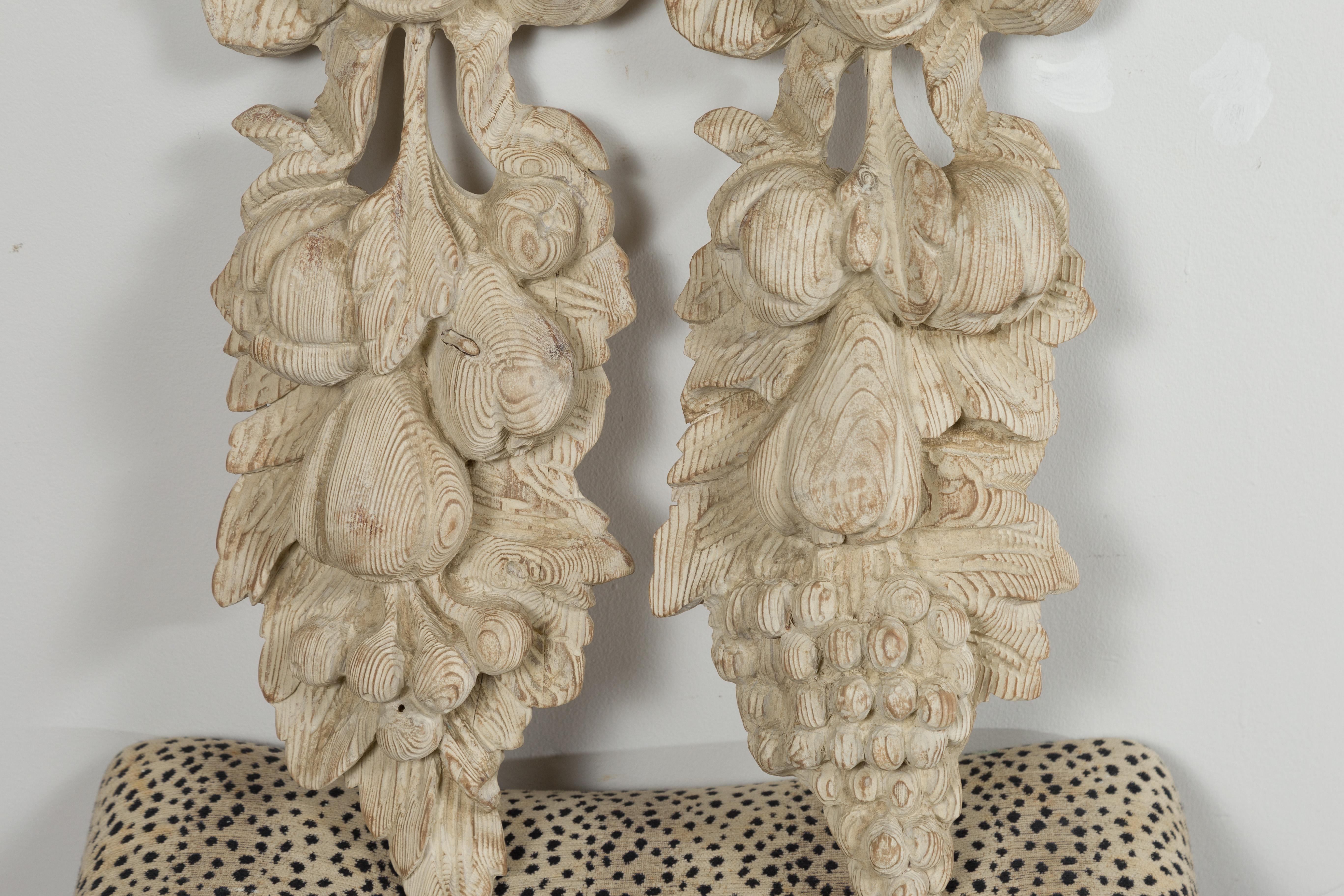 Pair of Italian Midcentury Carved Wood Ribbon-Tied Fruits Wall Fragments 2