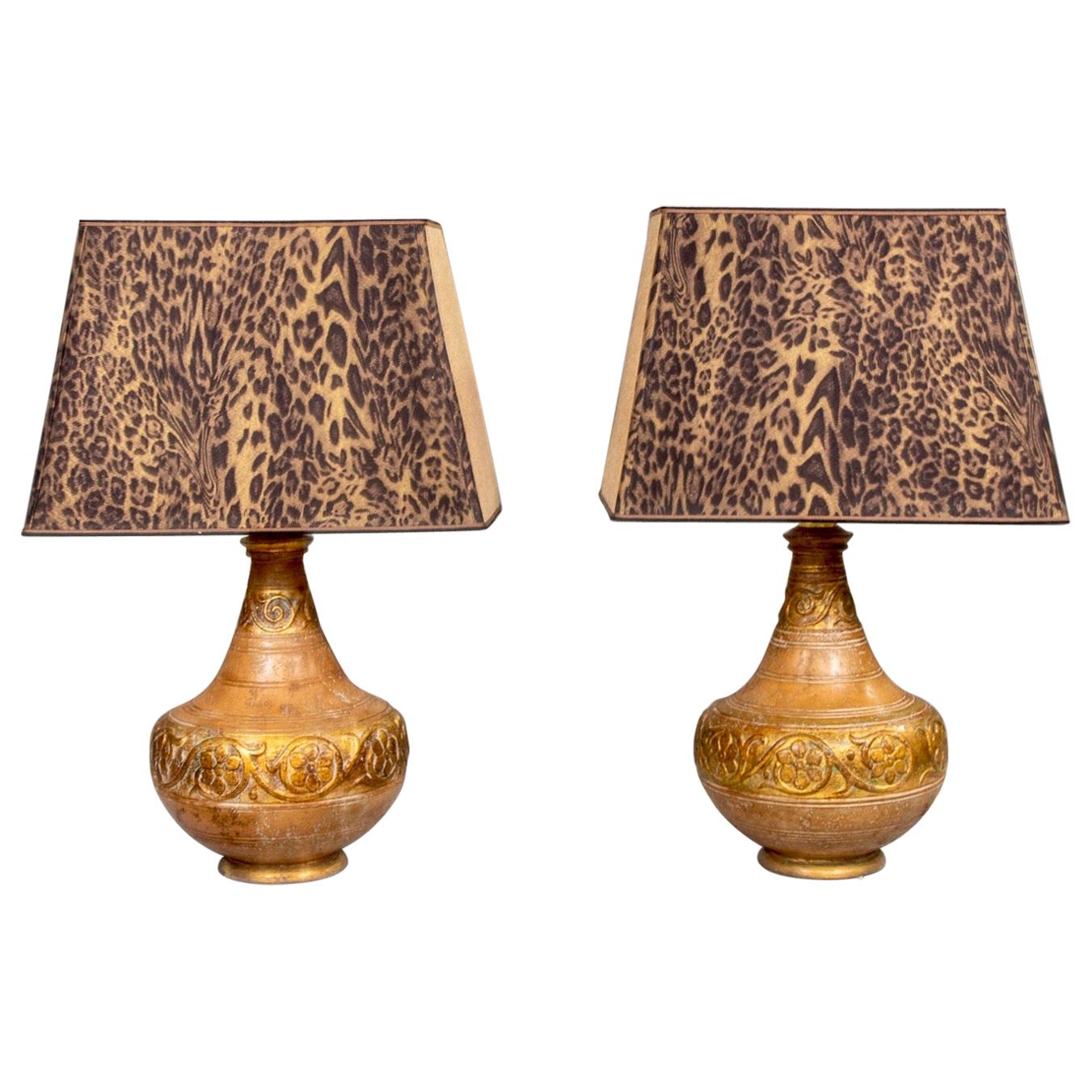 Pair of Italian Midcentury Ceramic Lamps with Leopard Print Shades