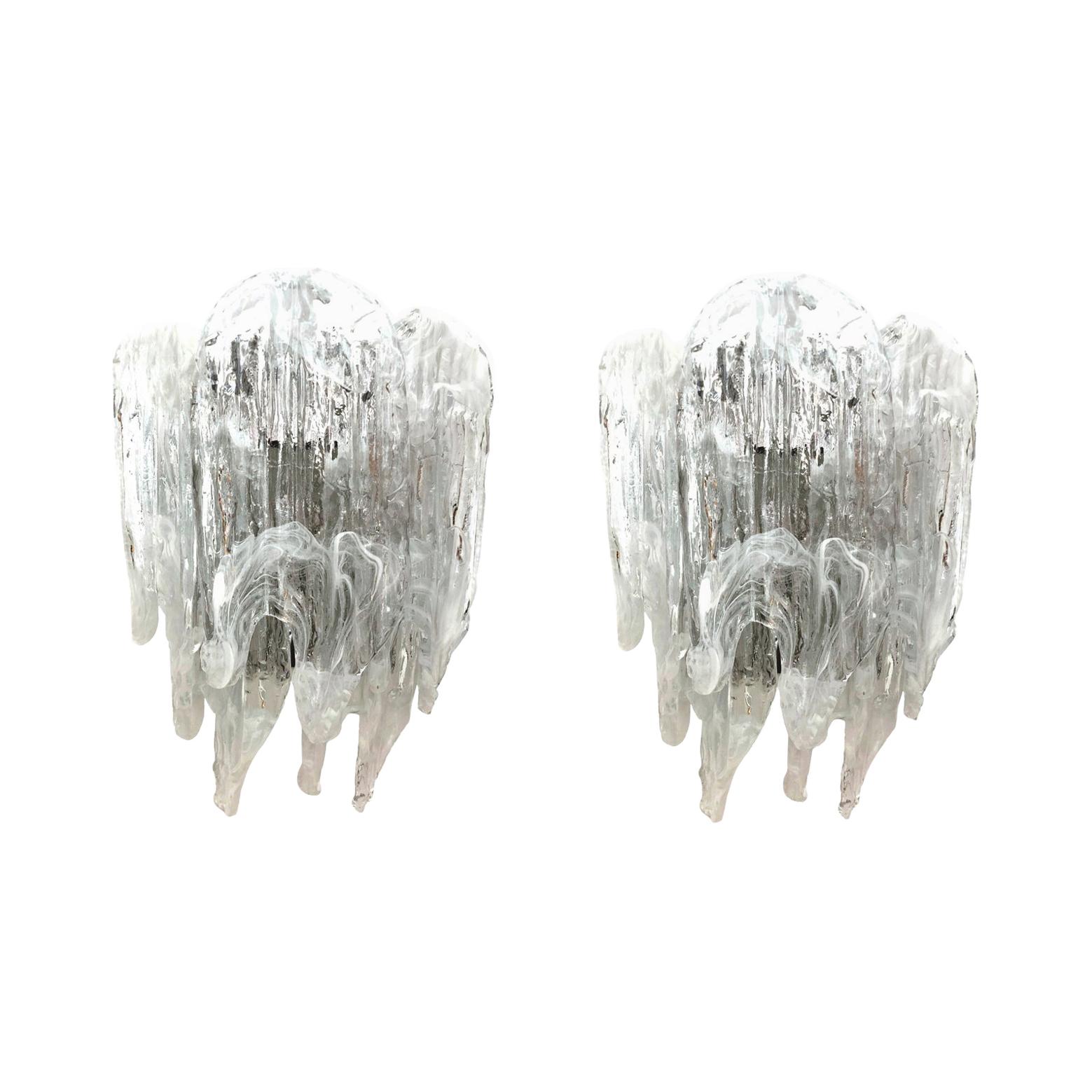 Pair of Italian Midcentury Clear White Murano Wall Sconces by Mazzega, 1970s