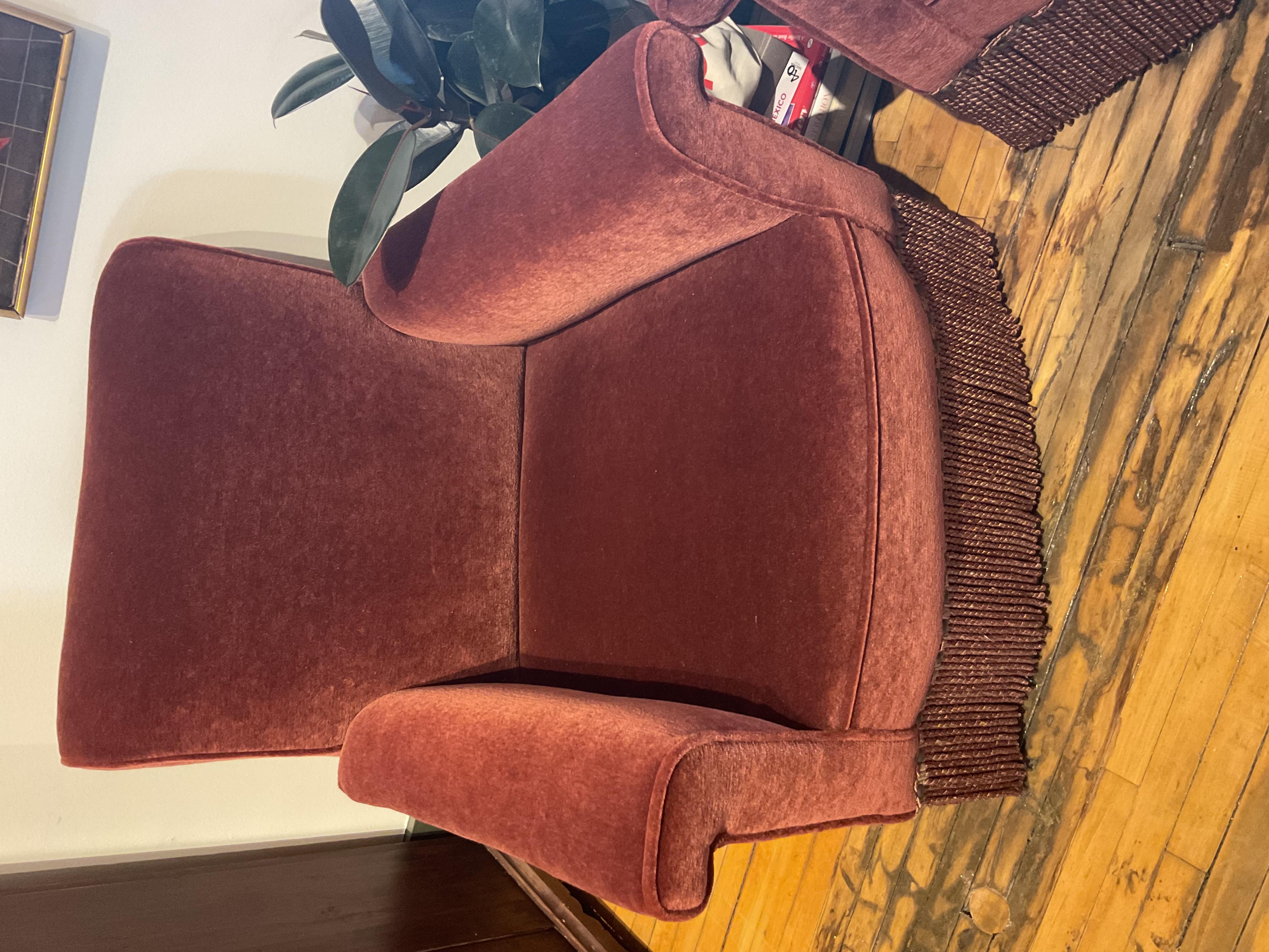 Mid-20th Century Pair of Italian Midcentury Club Chairs in Burgundy Velvet with Fringe Skirts For Sale