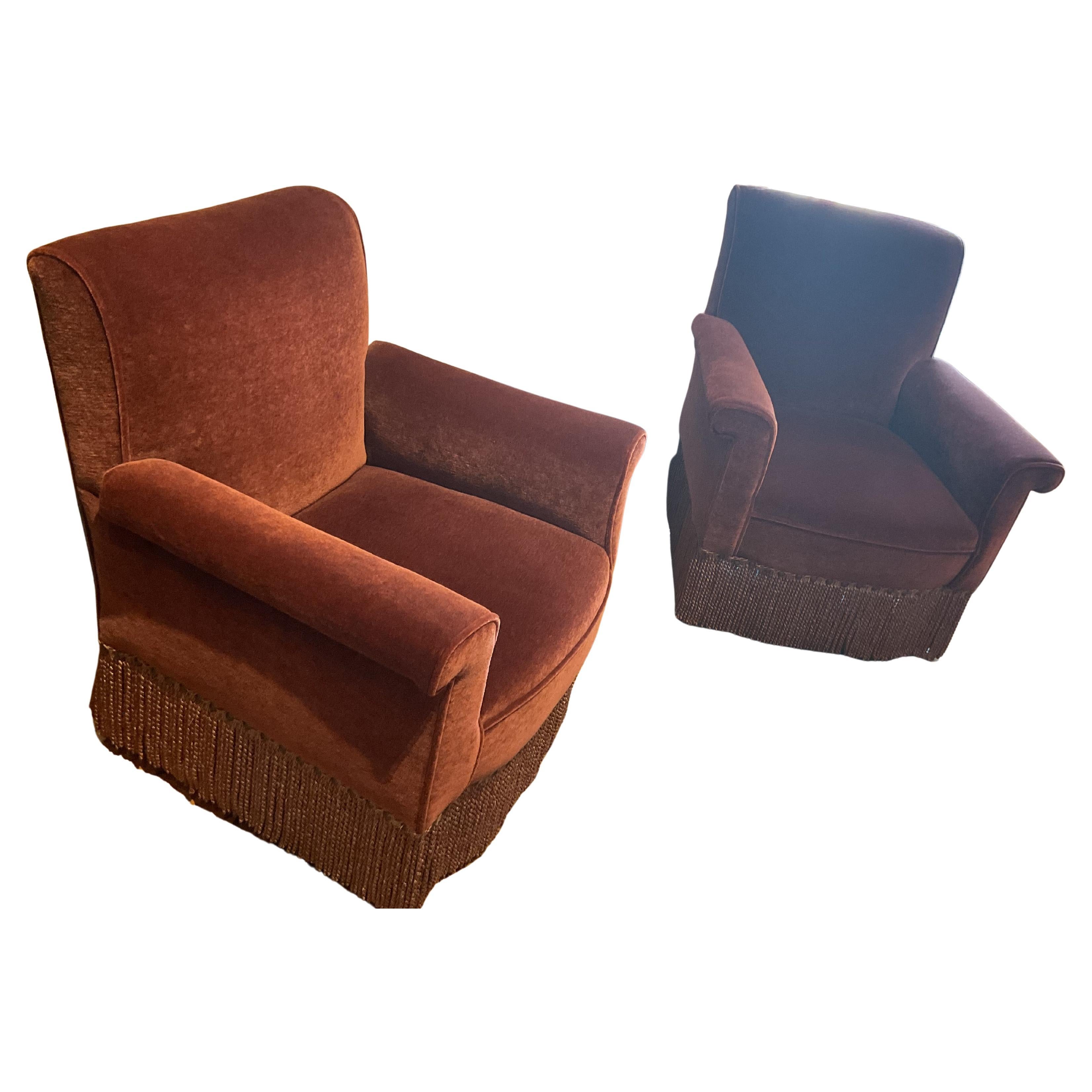 Pair of Italian Midcentury Club Chairs in Burgundy Velvet with Fringe Skirts