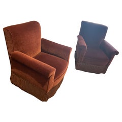 Pair of Italian Midcentury Club Chairs in Burgundy Velvet with Fringe Skirts