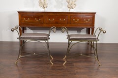 Pair of Italian Midcentury Directoire Style Steel and Brass Stools with Cushions