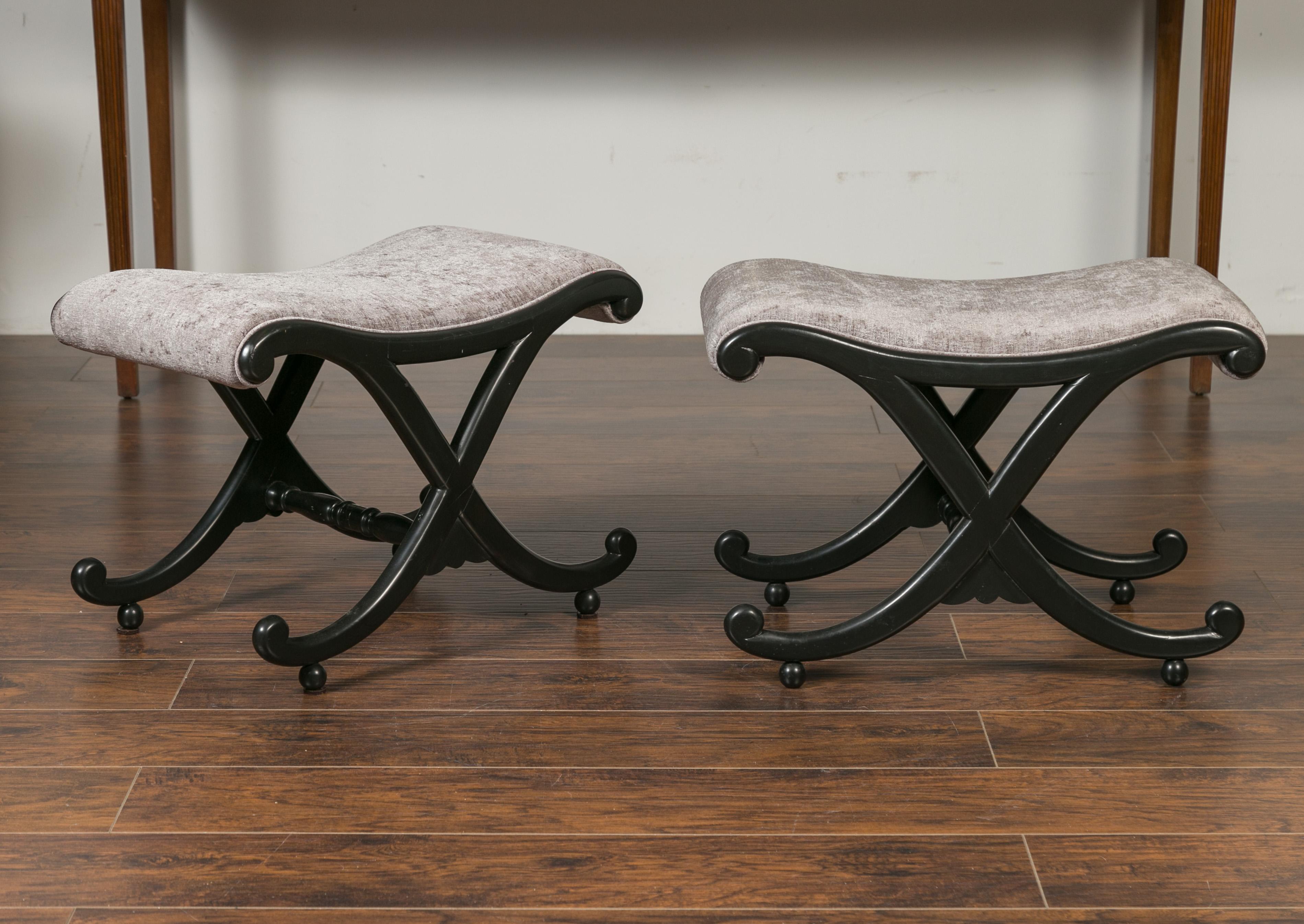 Carved Pair of Italian Midcentury Ebonized Wood X-Form Stools with Grey Upholstery