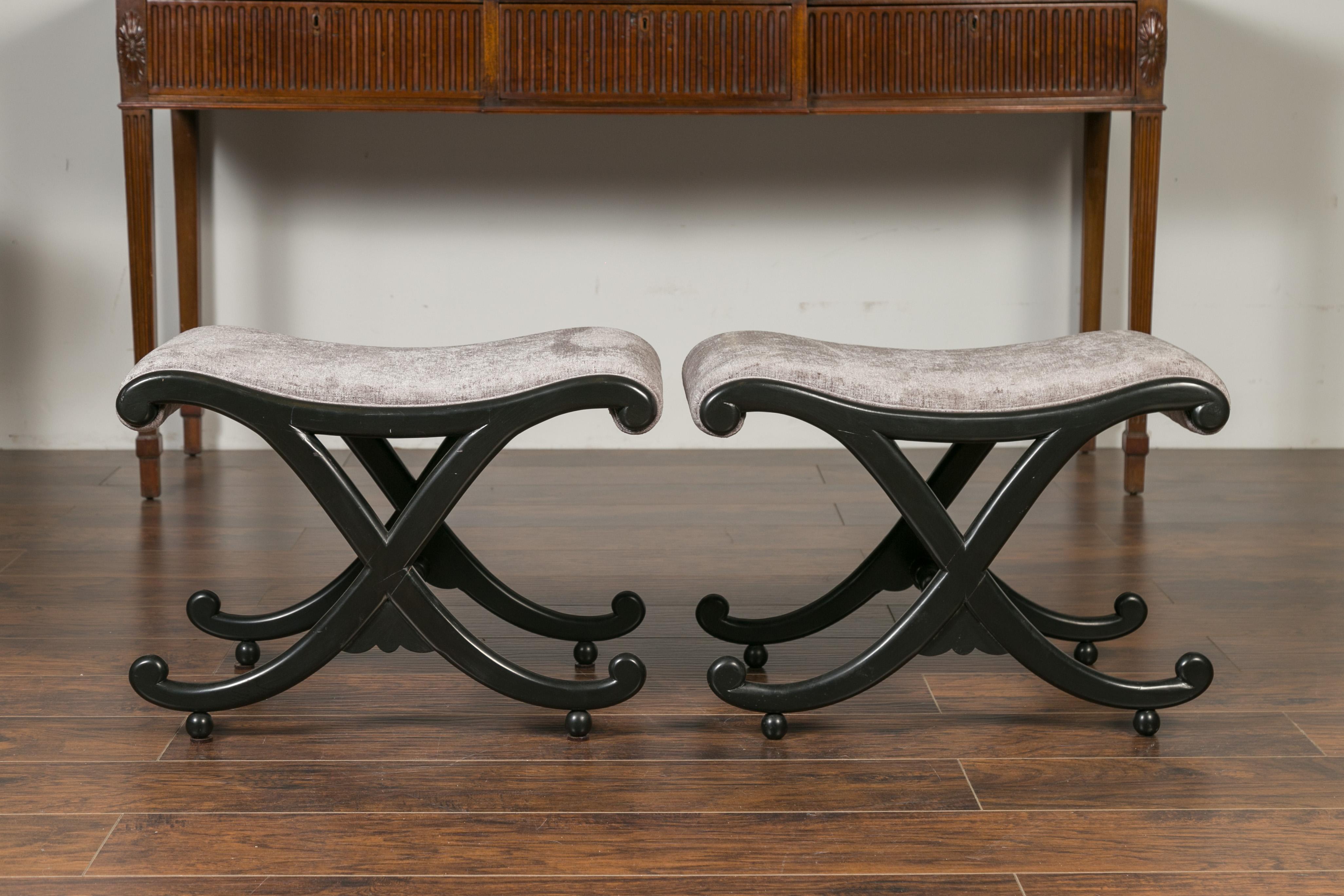 Pair of Italian Midcentury Ebonized Wood X-Form Stools with Grey Upholstery In Good Condition In Atlanta, GA
