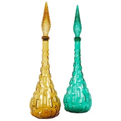 Retro Pair of Italian Midcentury Empoli Glass Genie Decanters
