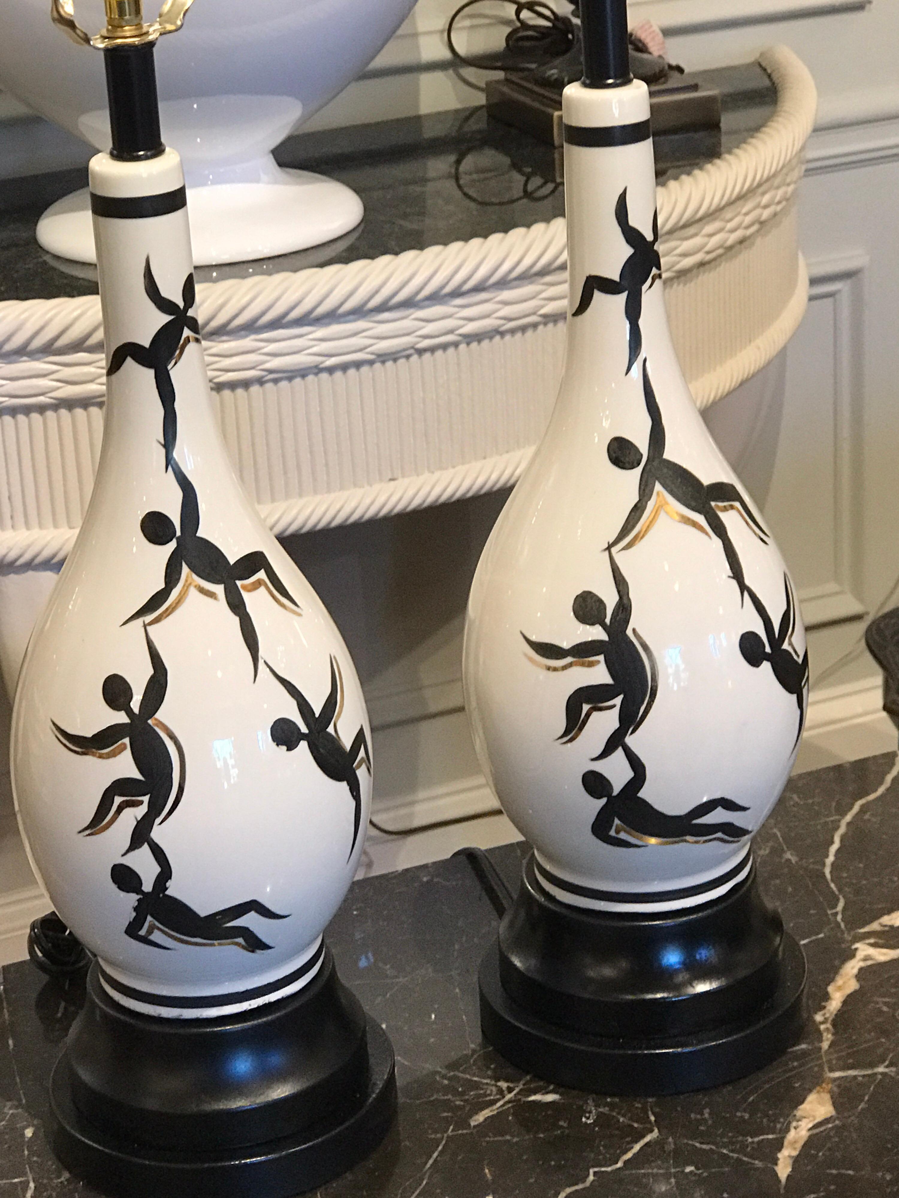 Pair of Italian mid-century figural lamps, in the manner of Ernestine. Each one painted with climbing figures. 18