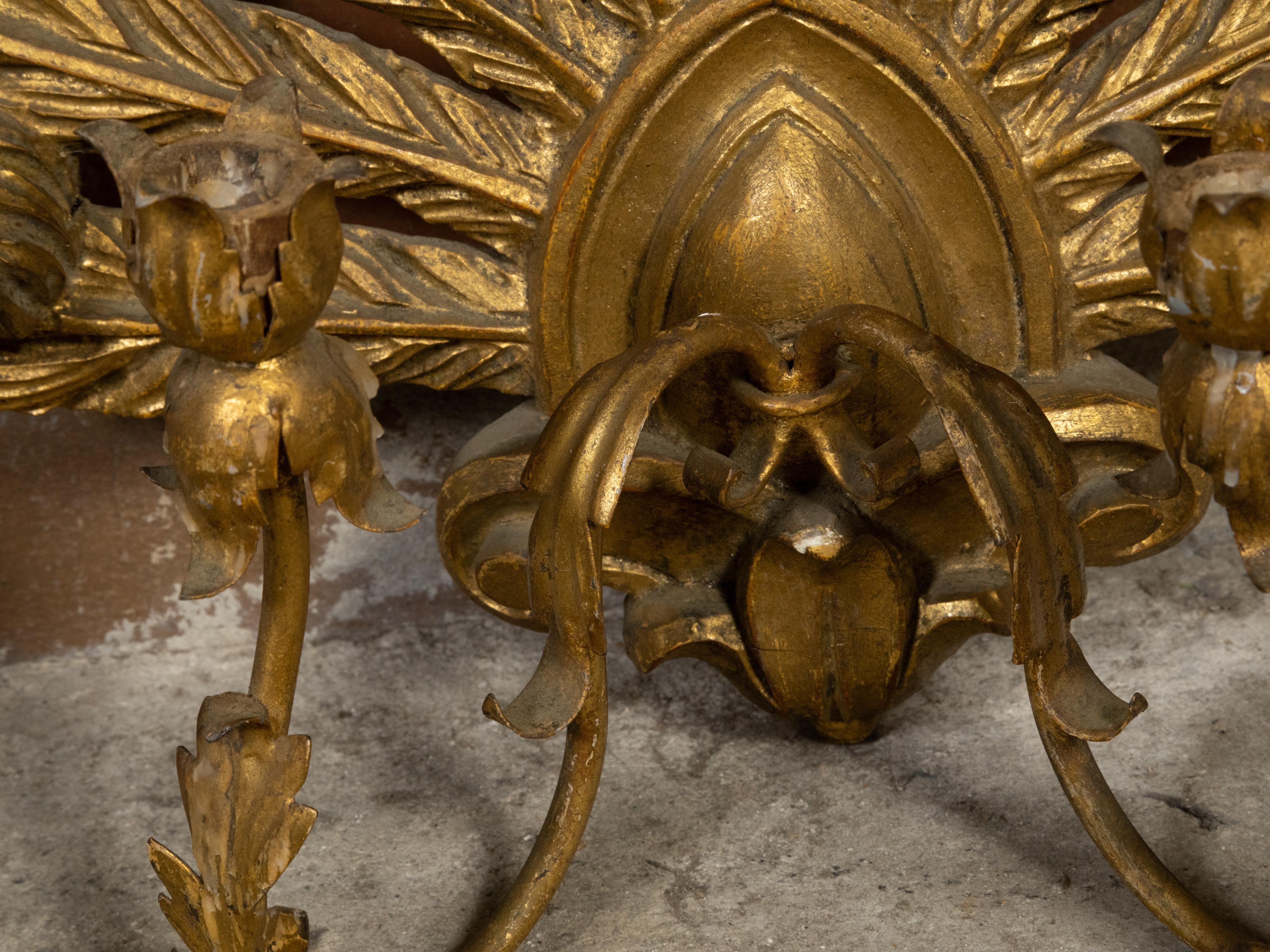 Paire d'appliques à bougie en bois doré italien du milieu du siècle avec plumes sculptées en vente 1