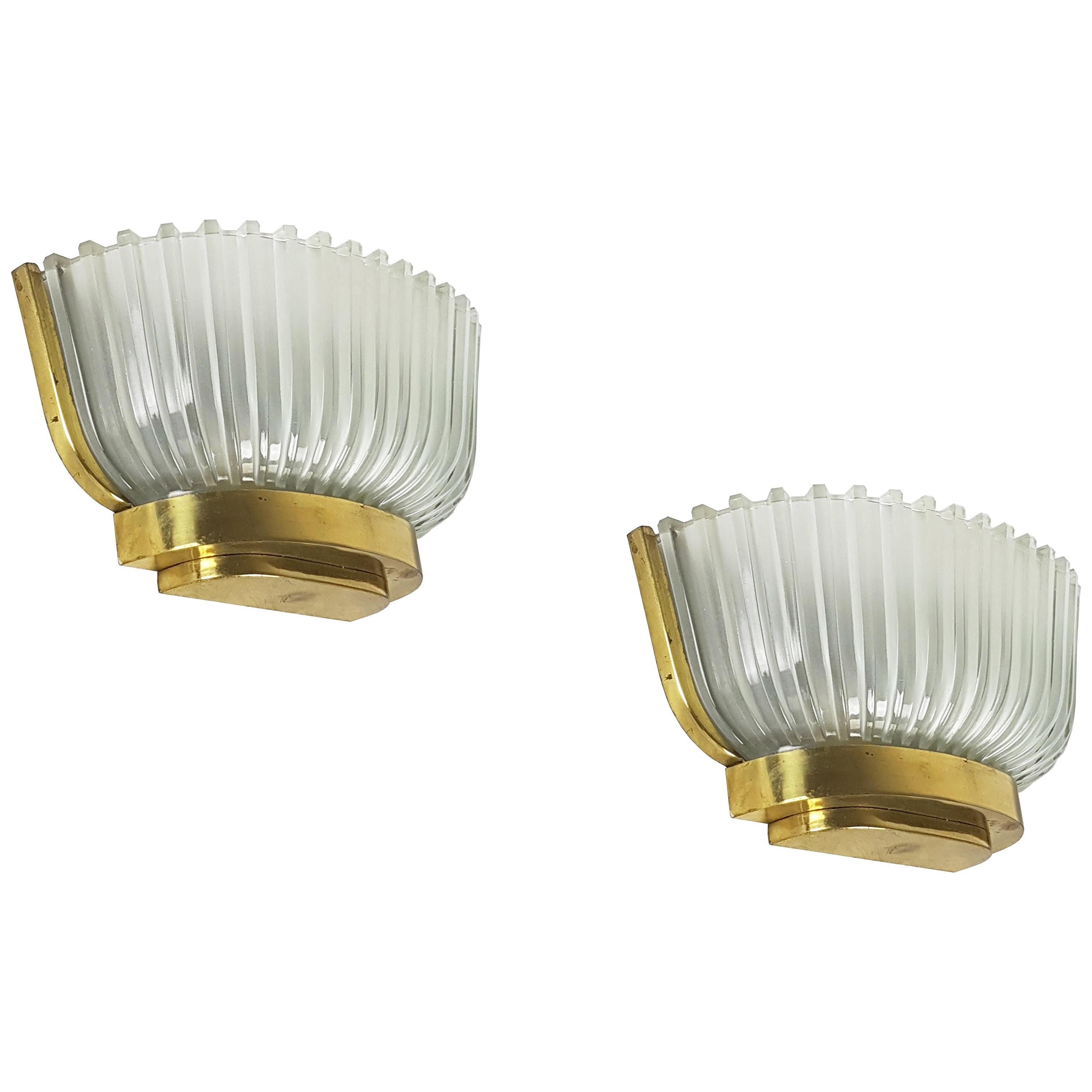 Pair of Italian Midcentury Glass and Brass Sconces