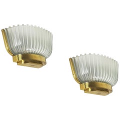 Pair of Italian Midcentury Glass and Brass Sconces