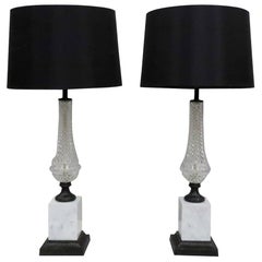 Vintage Pair of Italian Midcentury Glass, Bronzed and Marble Table Lamps