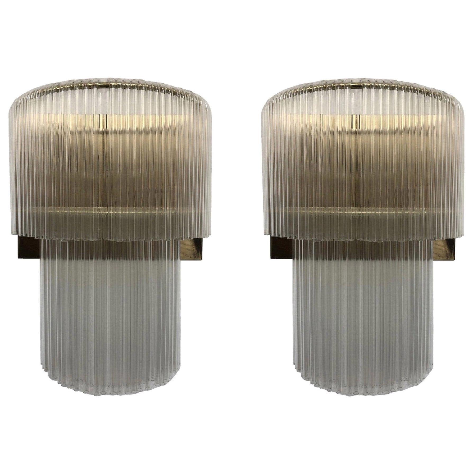 Pair of Italian Midcentury Glass Rod and Gold Brass Wall Sconces, 1970s