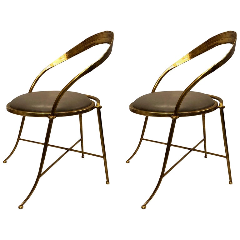 Pair of Italian Midcentury Handmade Gilt Iron Lounge Chairs by Giovanni
