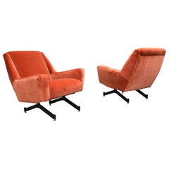 Pair of Italian Midcentury Lounge Chairs in New Copper Pink Velvet, 1950s