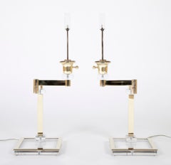 Pair of Italian Mid Century Modern Lucite and Brass Adjustable Bedside Lamps