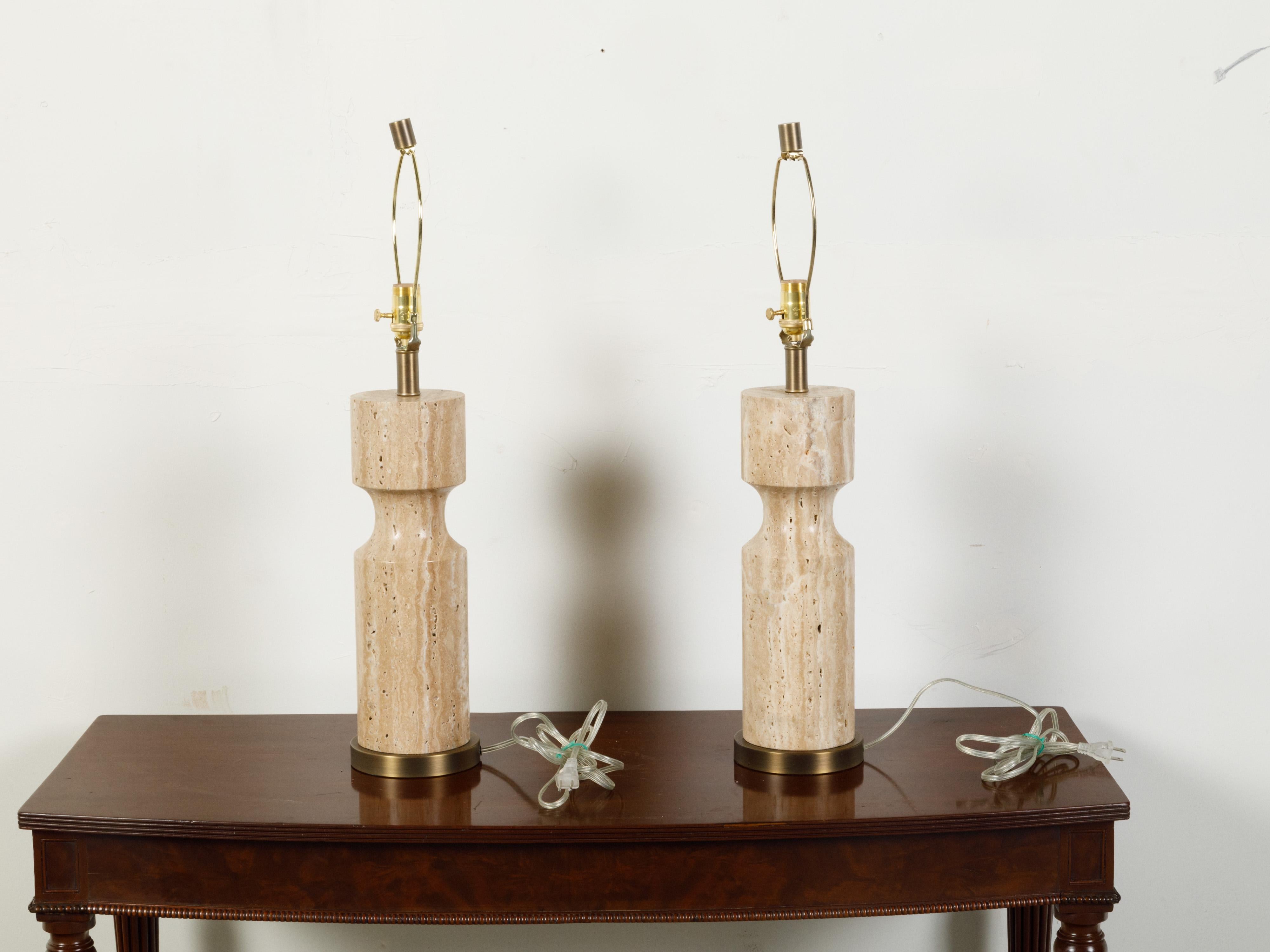 Mid-Century Modern Pair of Italian Midcentury Marble Table Lamps Resting on Circular Bases