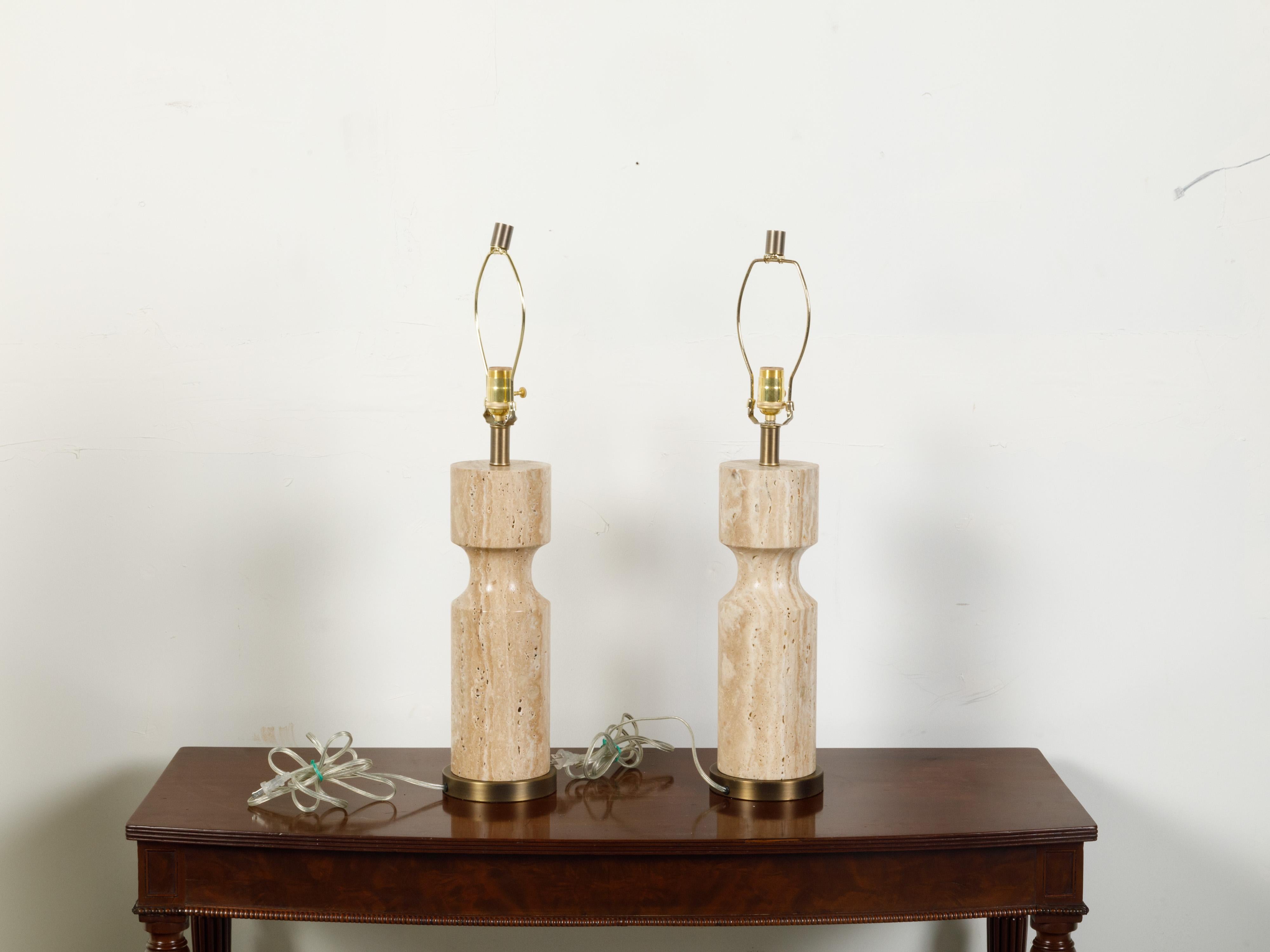 20th Century Pair of Italian Midcentury Marble Table Lamps Resting on Circular Bases
