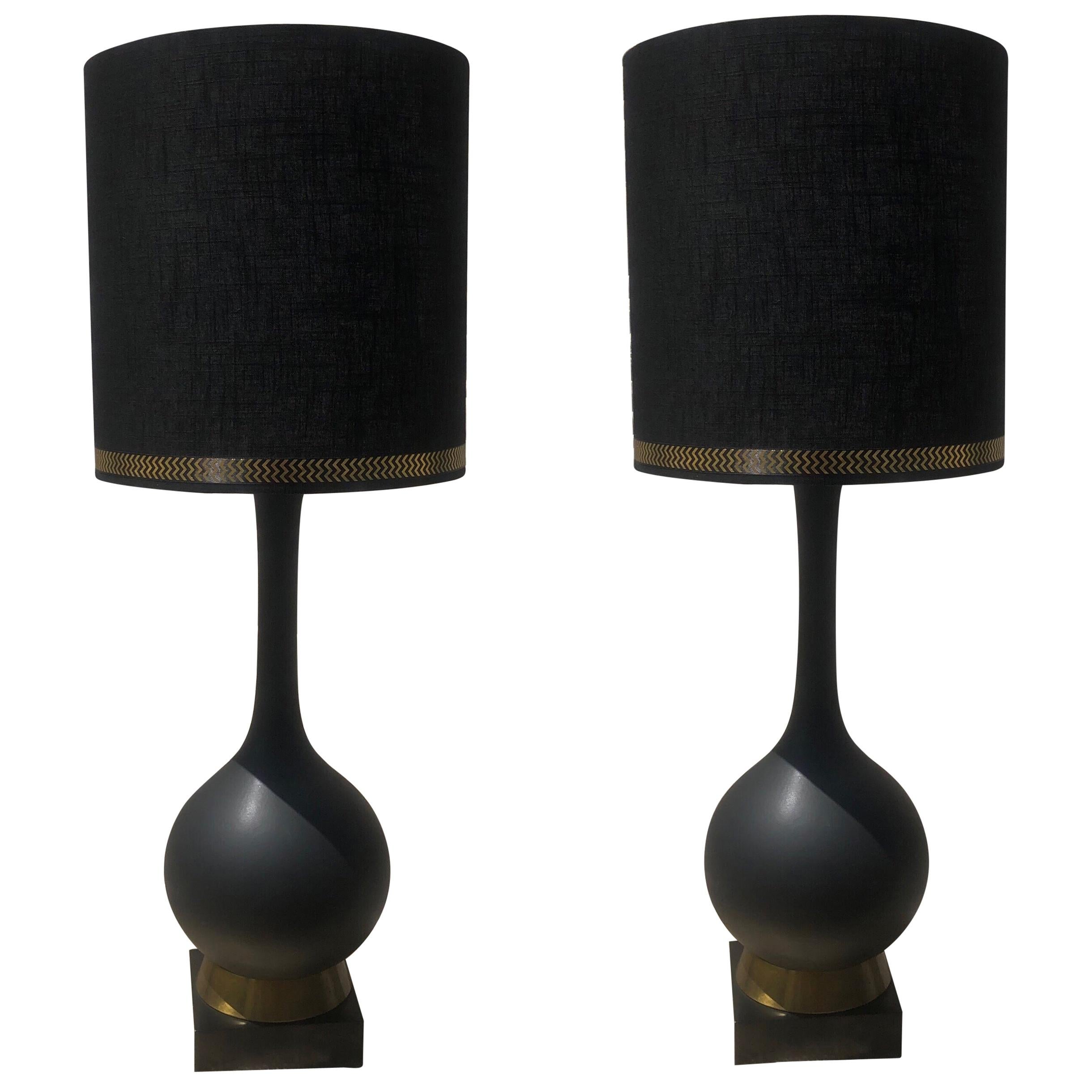 Pair of Italian Midcentury Matte Black Ceramic and Brass Lamps