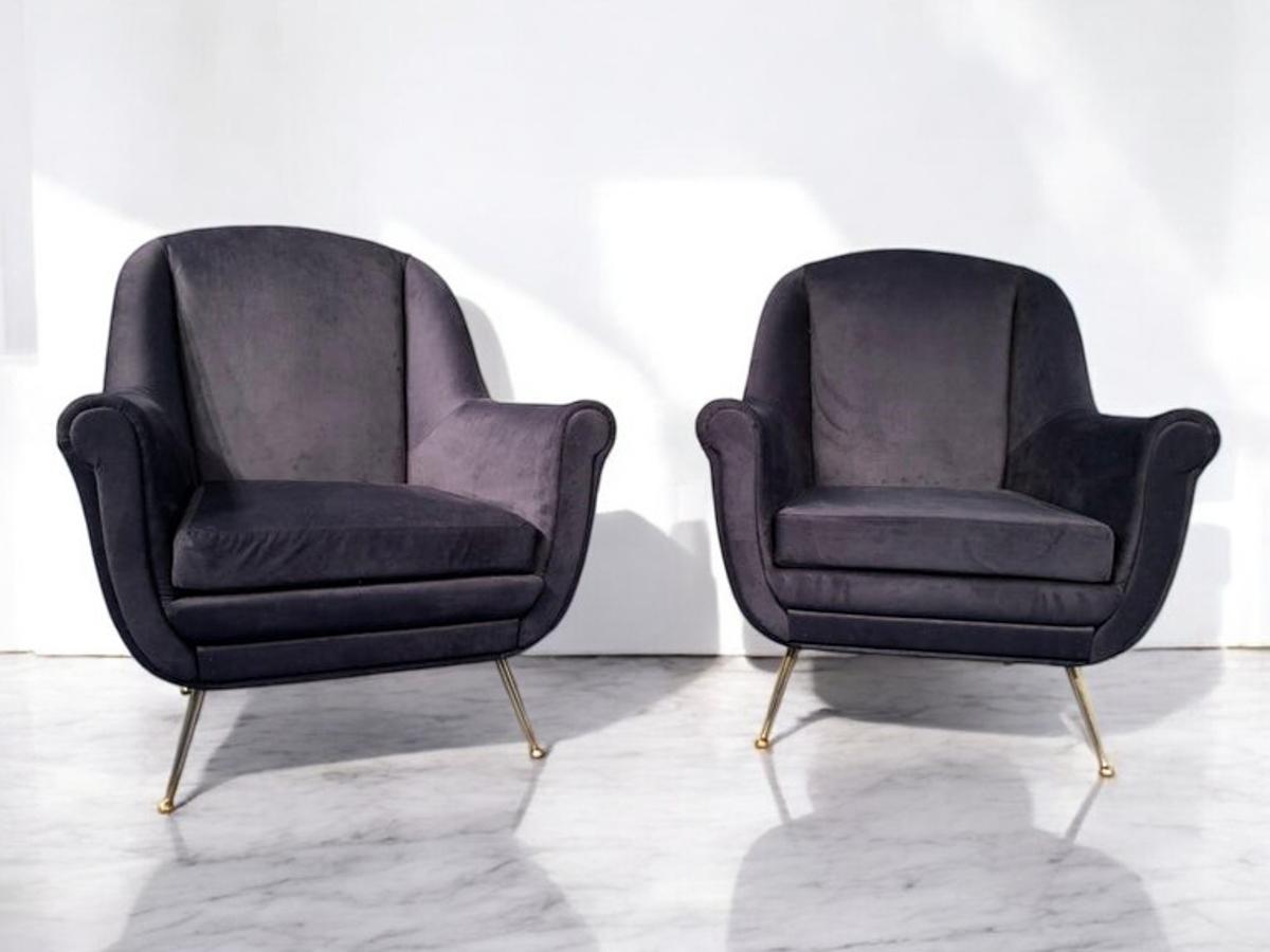 Paire de fauteuils italiens du milieu du siècle en velours bleu nuit, style Gio Ponti, années 1950 en vente 4