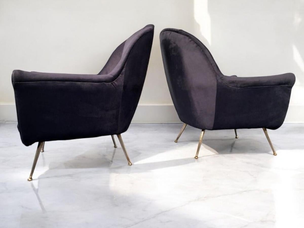 Paire de fauteuils italiens du milieu du siècle en velours bleu nuit, style Gio Ponti, années 1950 en vente 5