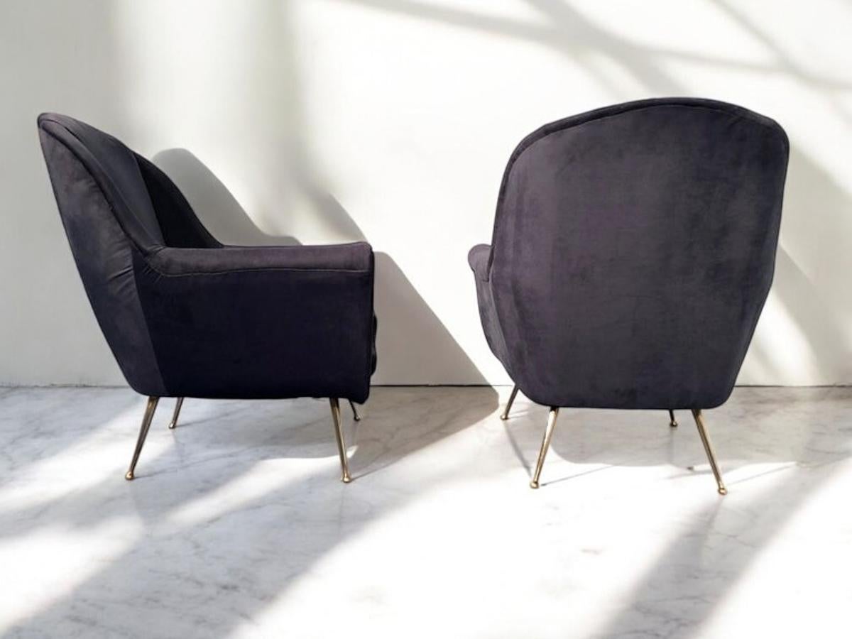 Paire de fauteuils italiens du milieu du siècle en velours bleu nuit, style Gio Ponti, années 1950 en vente 6