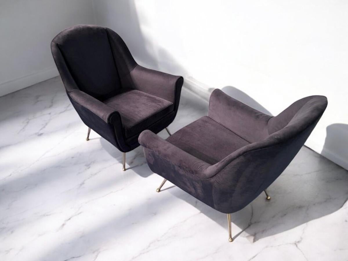 Paire de fauteuils italiens du milieu du siècle en velours bleu nuit, style Gio Ponti, années 1950 en vente 9