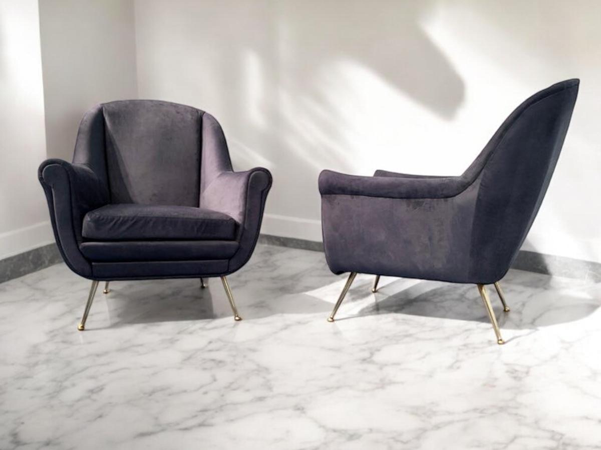 Paire de fauteuils italiens du milieu du siècle en velours bleu nuit, style Gio Ponti, années 1950 en vente 10