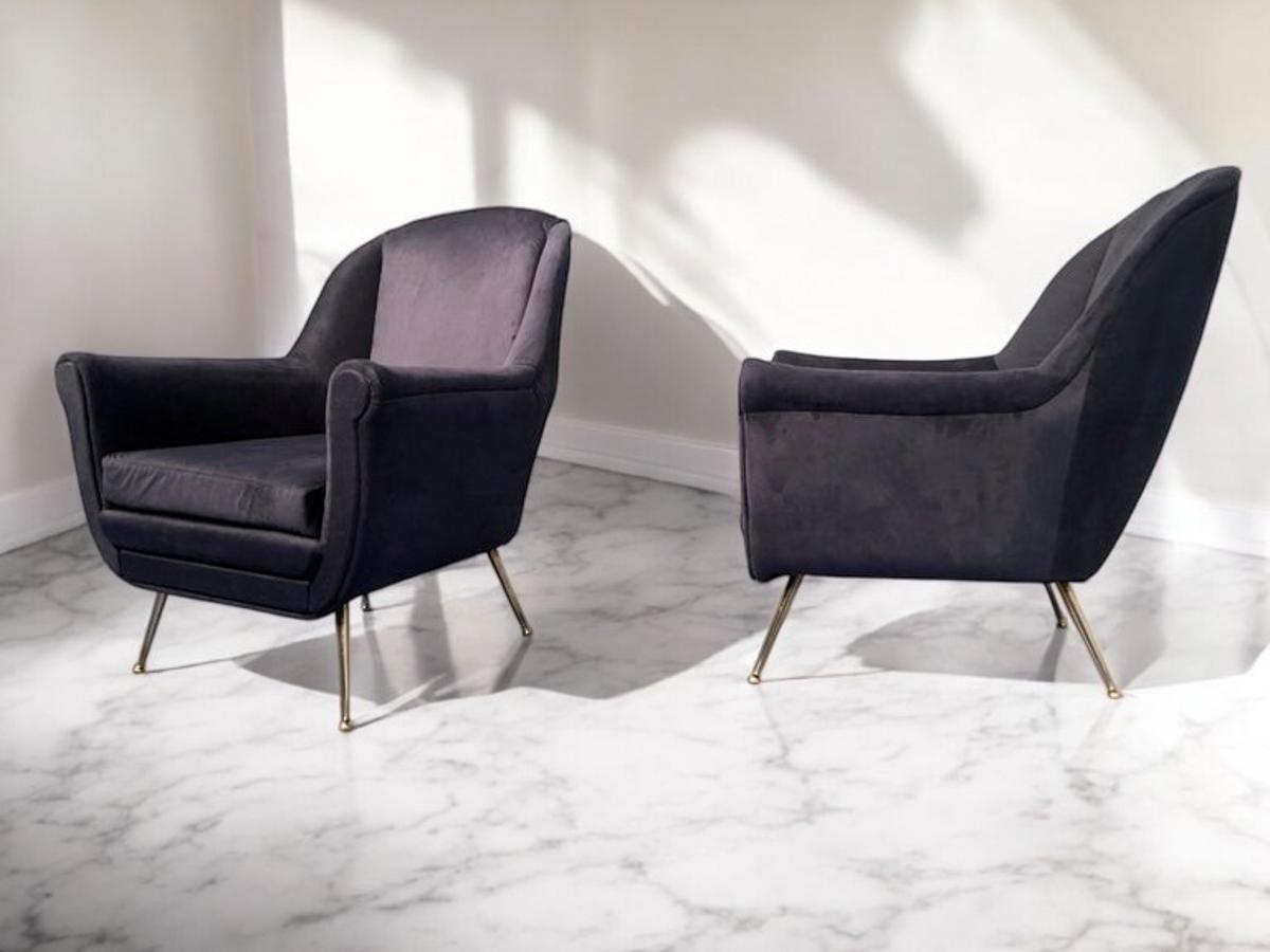 Paire de fauteuils italiens du milieu du siècle en velours bleu nuit, style Gio Ponti, années 1950 en vente 11