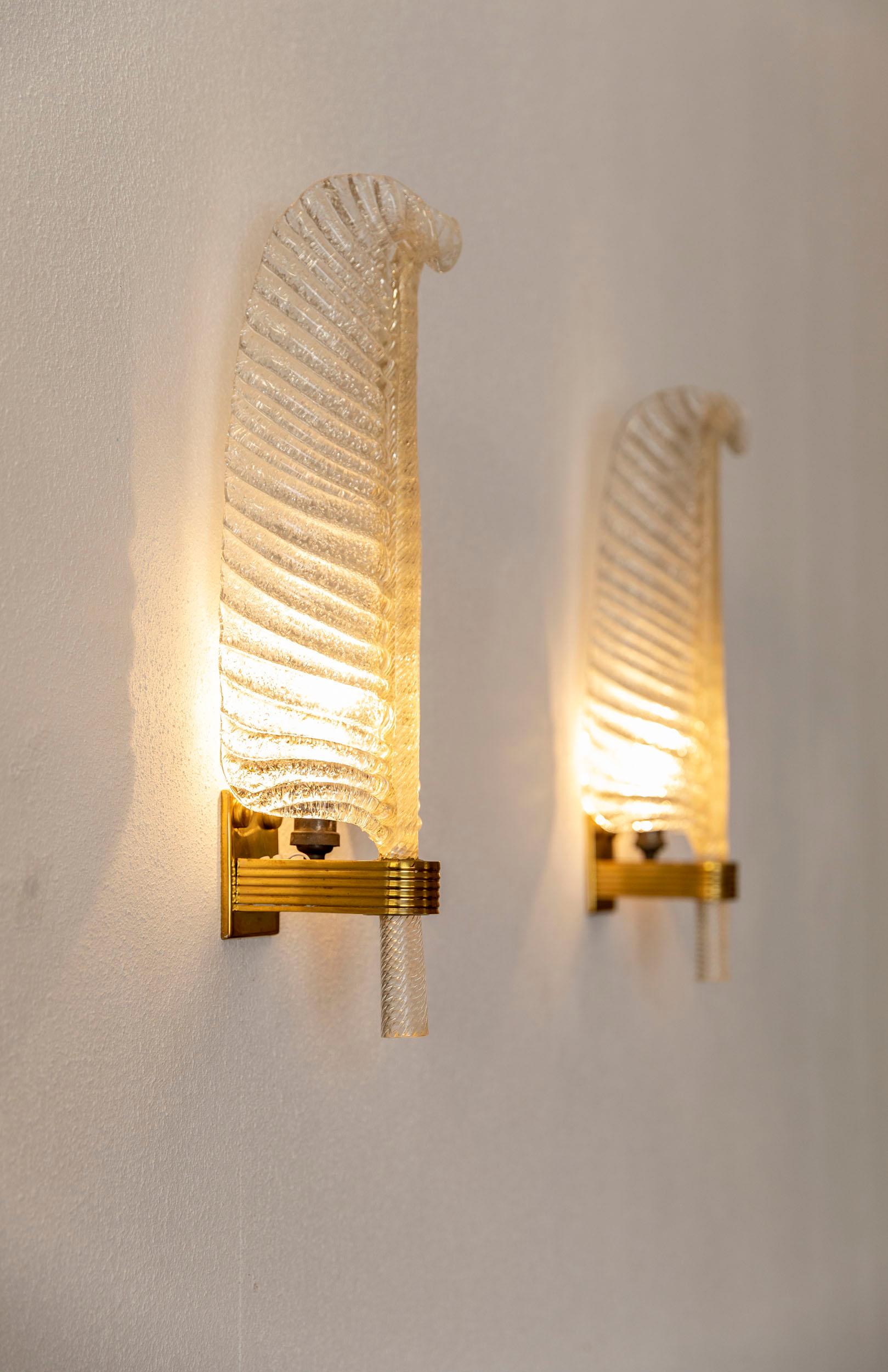 Brass Pair of Italian Midcentury Murano Glass Sconces Attributed to Venini