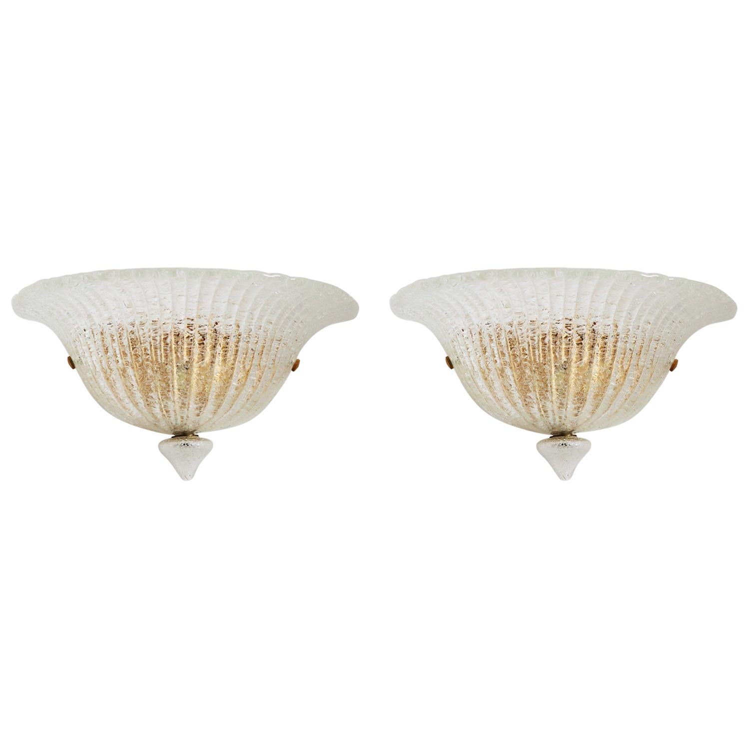 Pair of Italian Midcentury Murano Ice Glass Wall Sconces in Bavovier Style 1970s For Sale