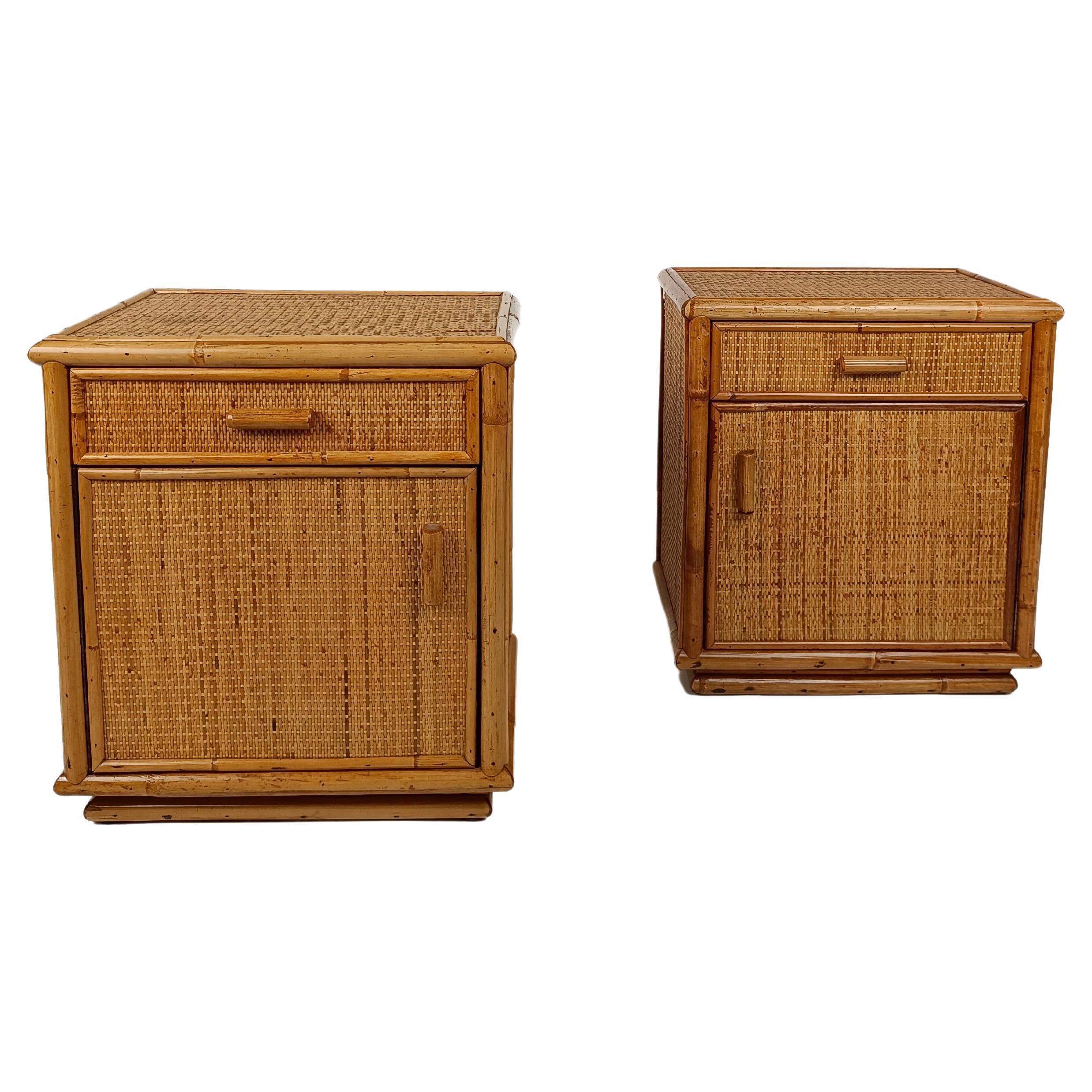 Pair of Italian MIdCentury Night Stand in Wicker Bamboo Cane and Rattan, 1970s 