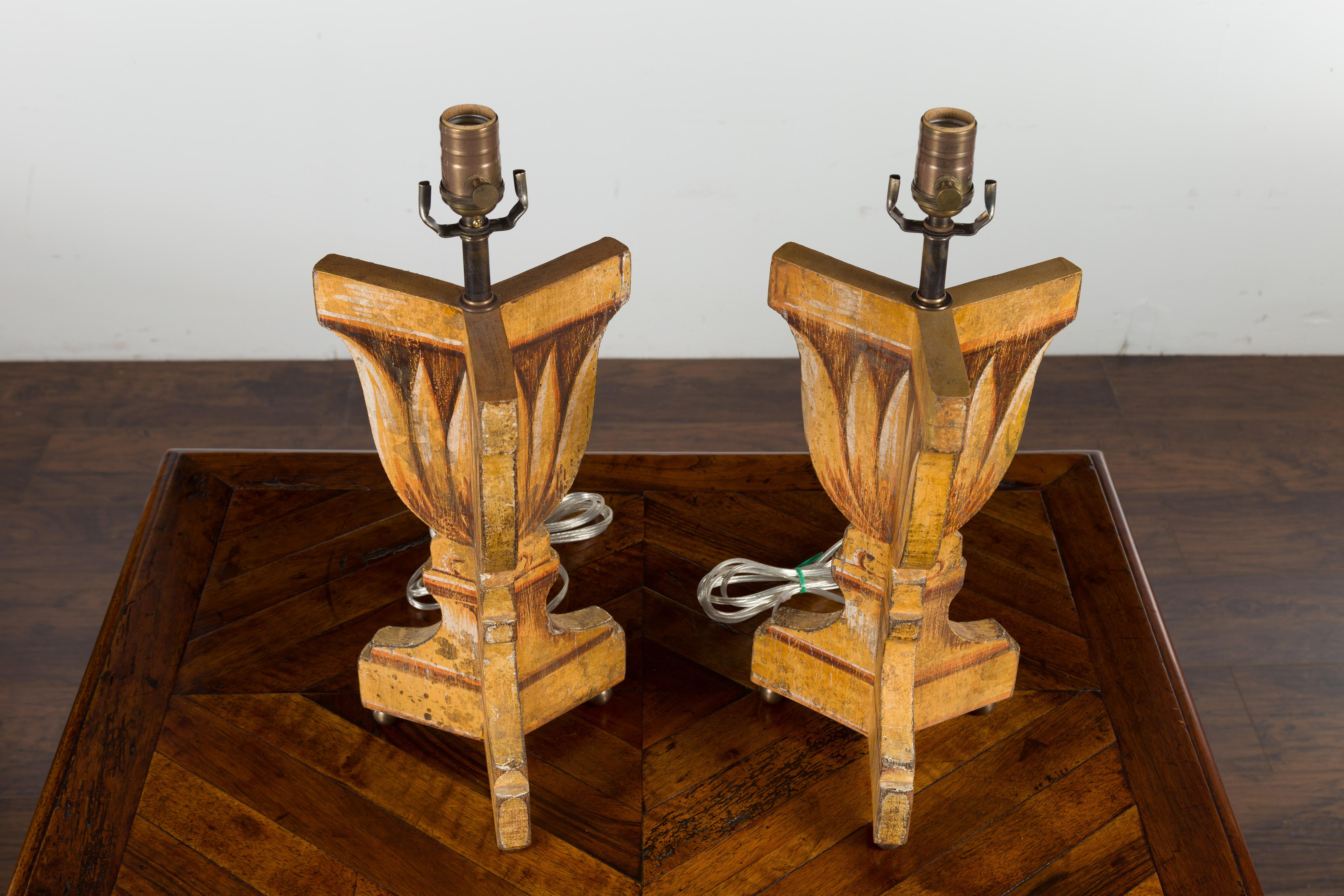 Pair of Italian Midcentury Painted and Carved Table Lamps with Stylized Foliage For Sale 11